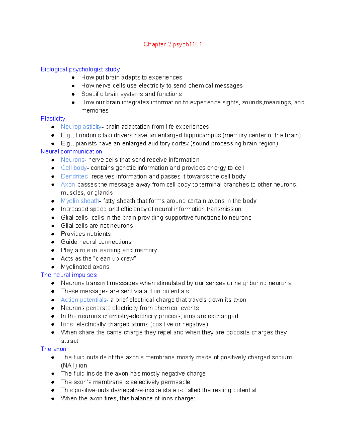 Chapter 2 Psych 1101 - Notes - Chapter 2 Psych Biological Psychologist ...