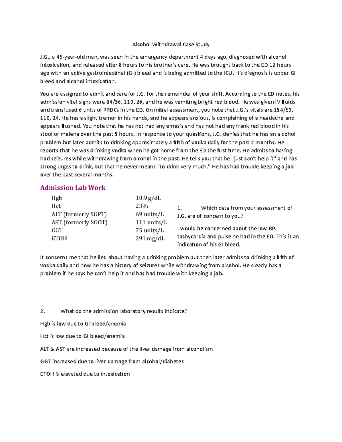 alcohol withdrawal nursing case study