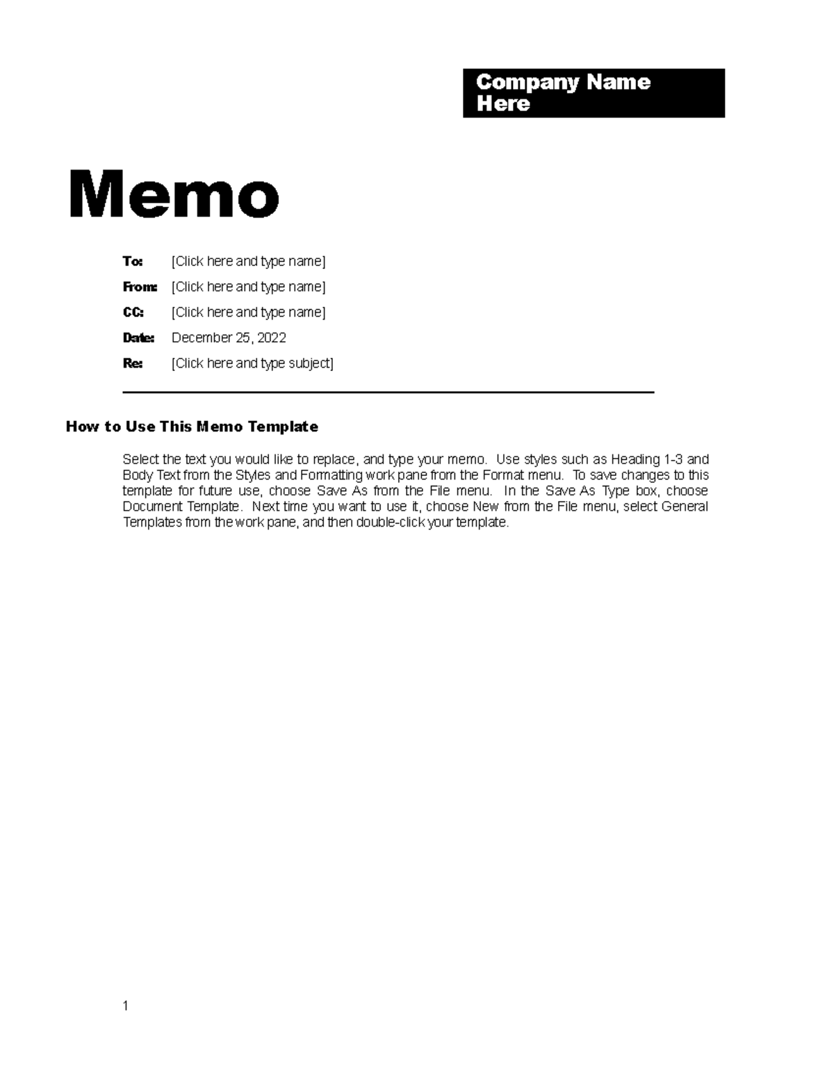 Professional Business Memo Word Document Download - Company Name Here ...