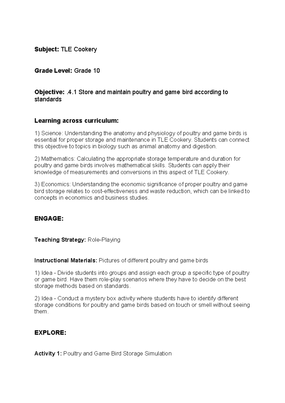 Lesson plan - Subject: TLE Cookery Grade Level: Grade 10 Objective: .4 ...