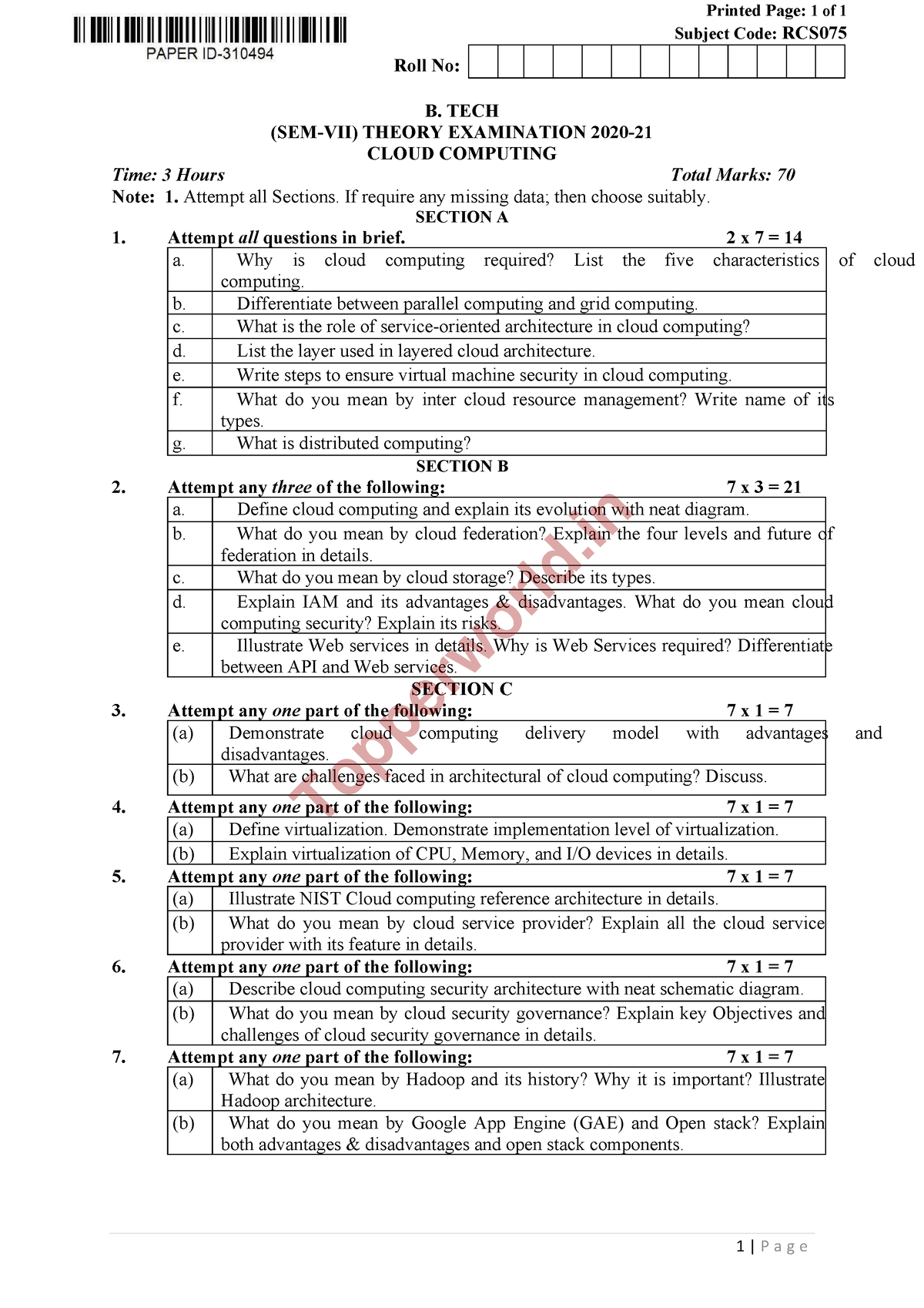 Cloud Computing 2021 AKTU CSE - Printed Page: 1 of 1 Subject Code: RCS ...