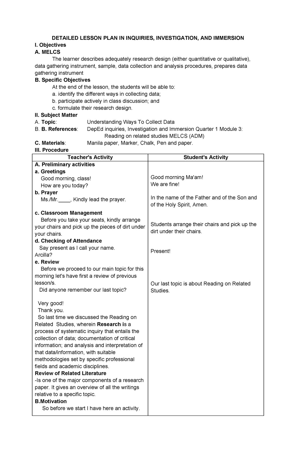 3Is LP4 No - ub oy - DETAILED LESSON PLAN IN INQUIRIES, INVESTIGATION ...