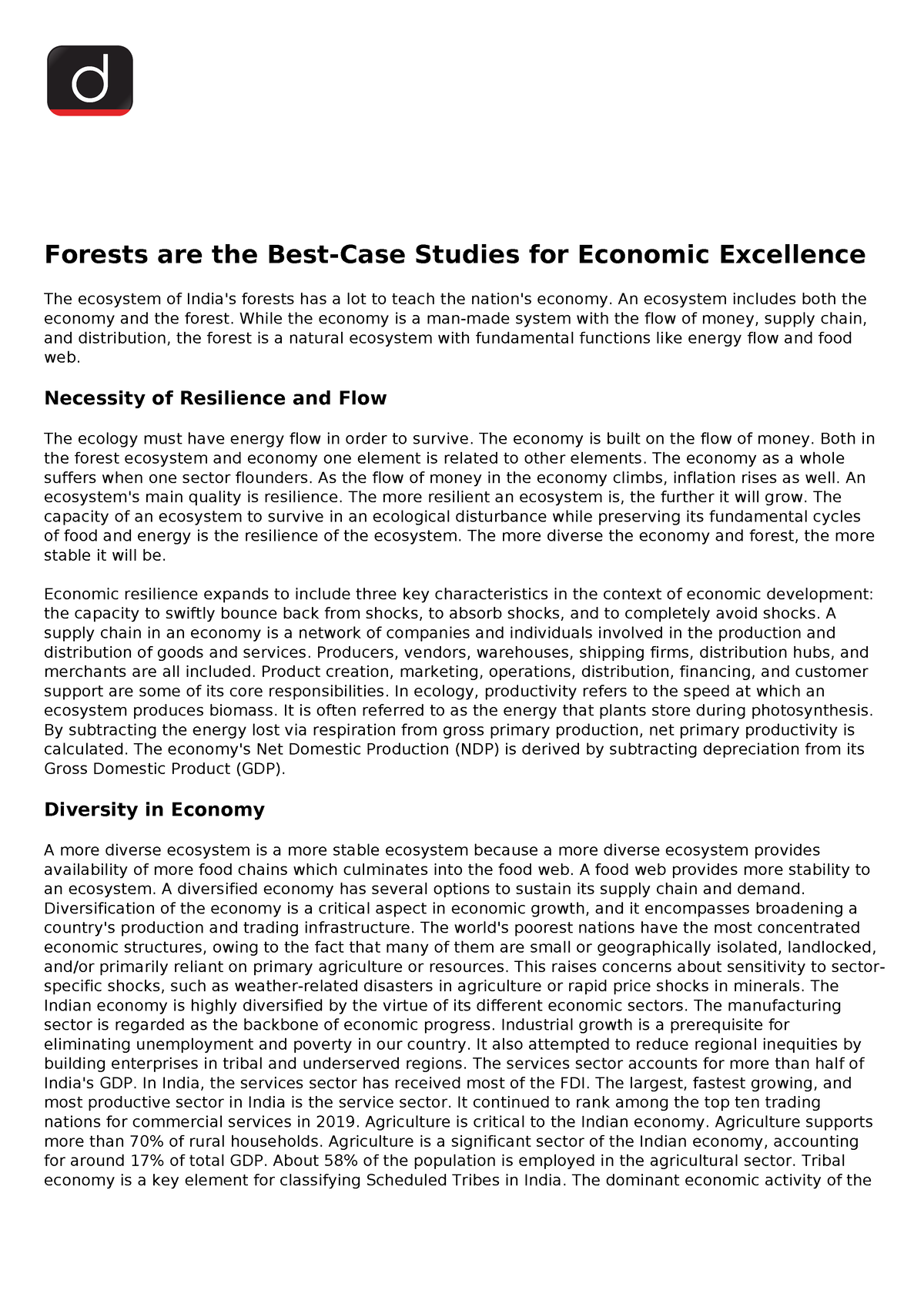 forest are the best case study for economic excellence