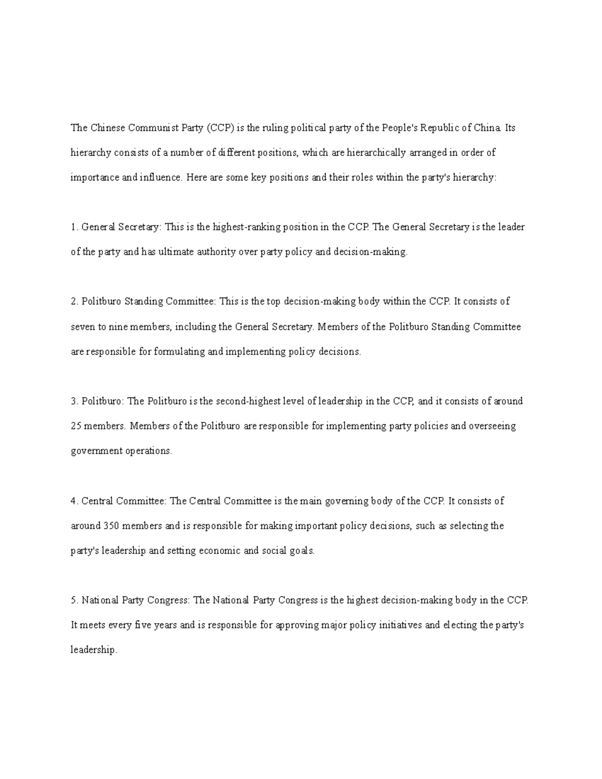 Notes on Chinese Communist Party Hierarchy The Chinese Communist