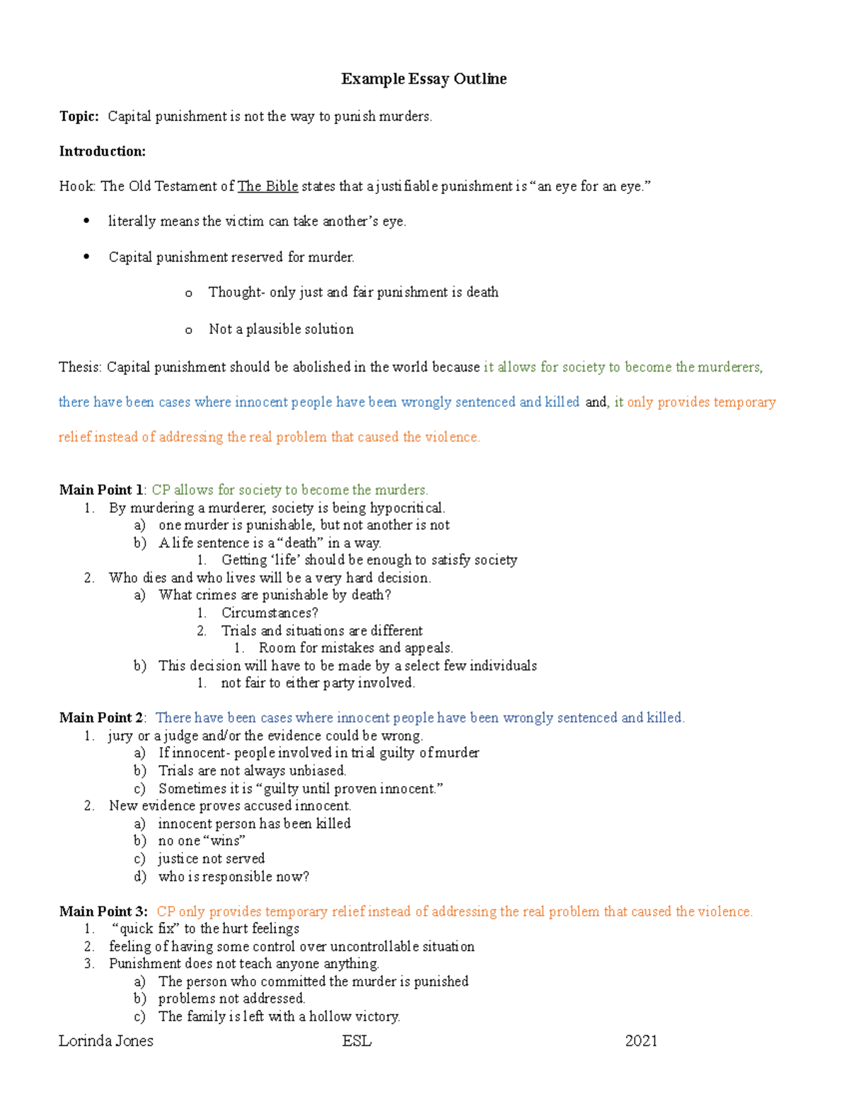 Argument Essay Outline Revised - Example Essay Outline Topic: Capital ...
