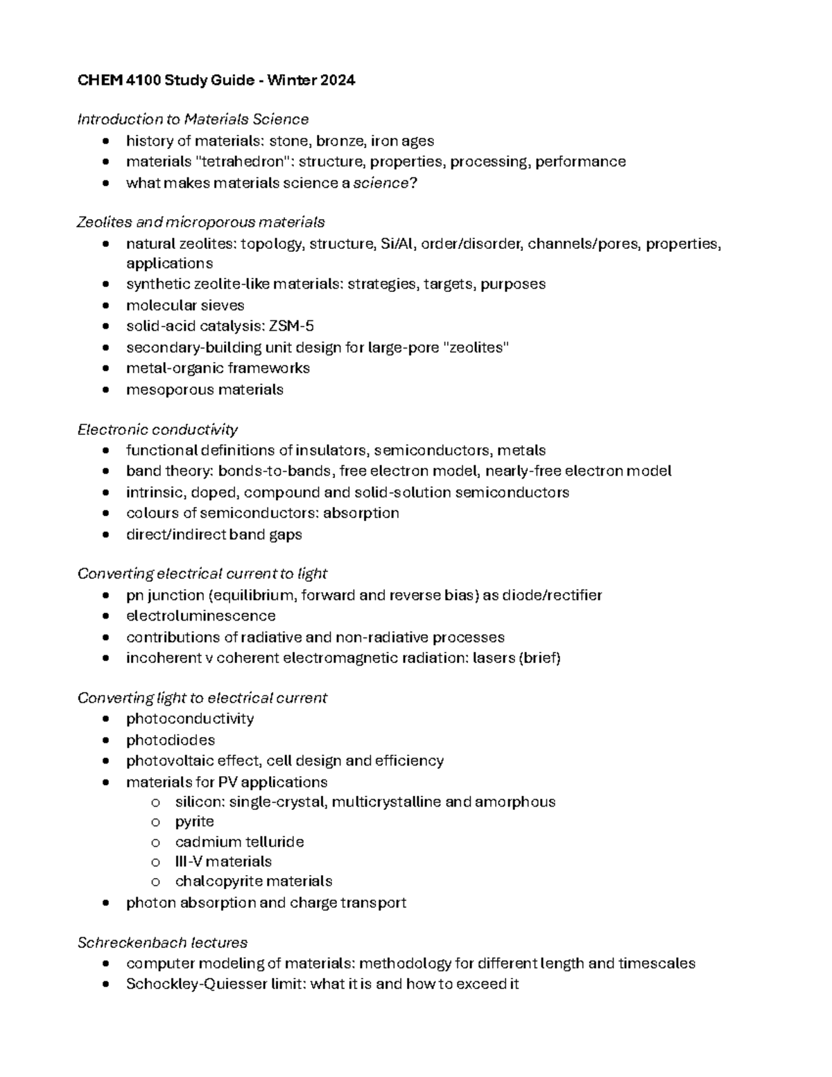 CHEM 4100 study guide 2024 CHEM 4 100 Study Guide Winter 2024 Introduction to Materials