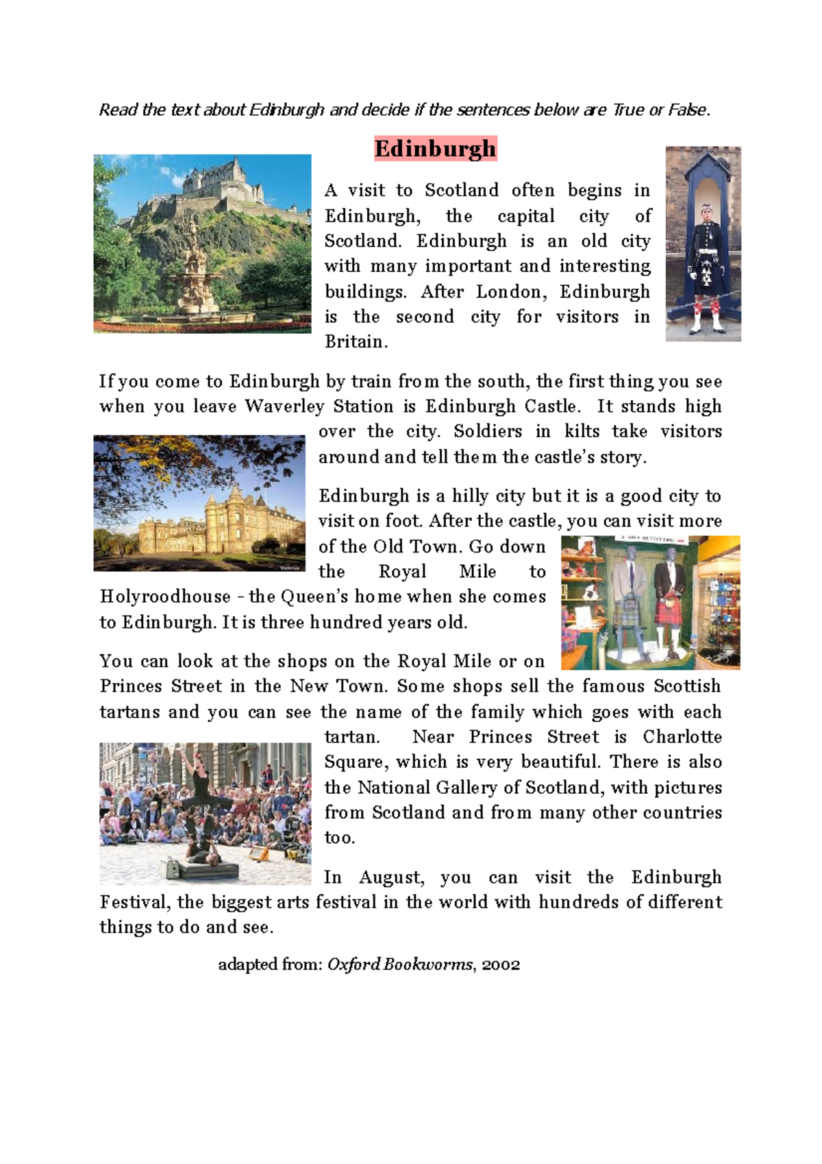 Edinburgh - HOLA - Read the text about Edinburgh and decide if the ...