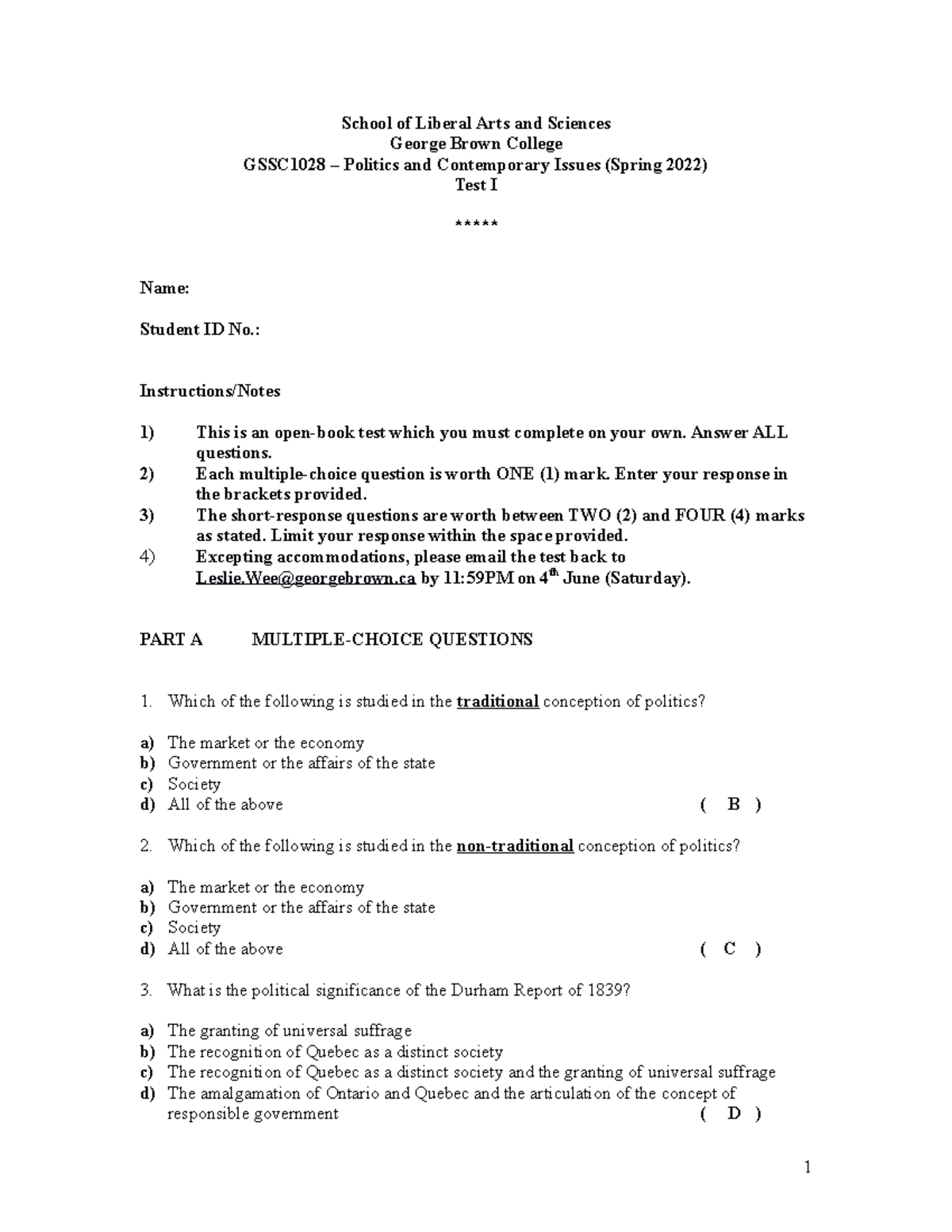 GSSC1028 Test I (Spring 2022) School of Liberal Arts and Sciences Brown College