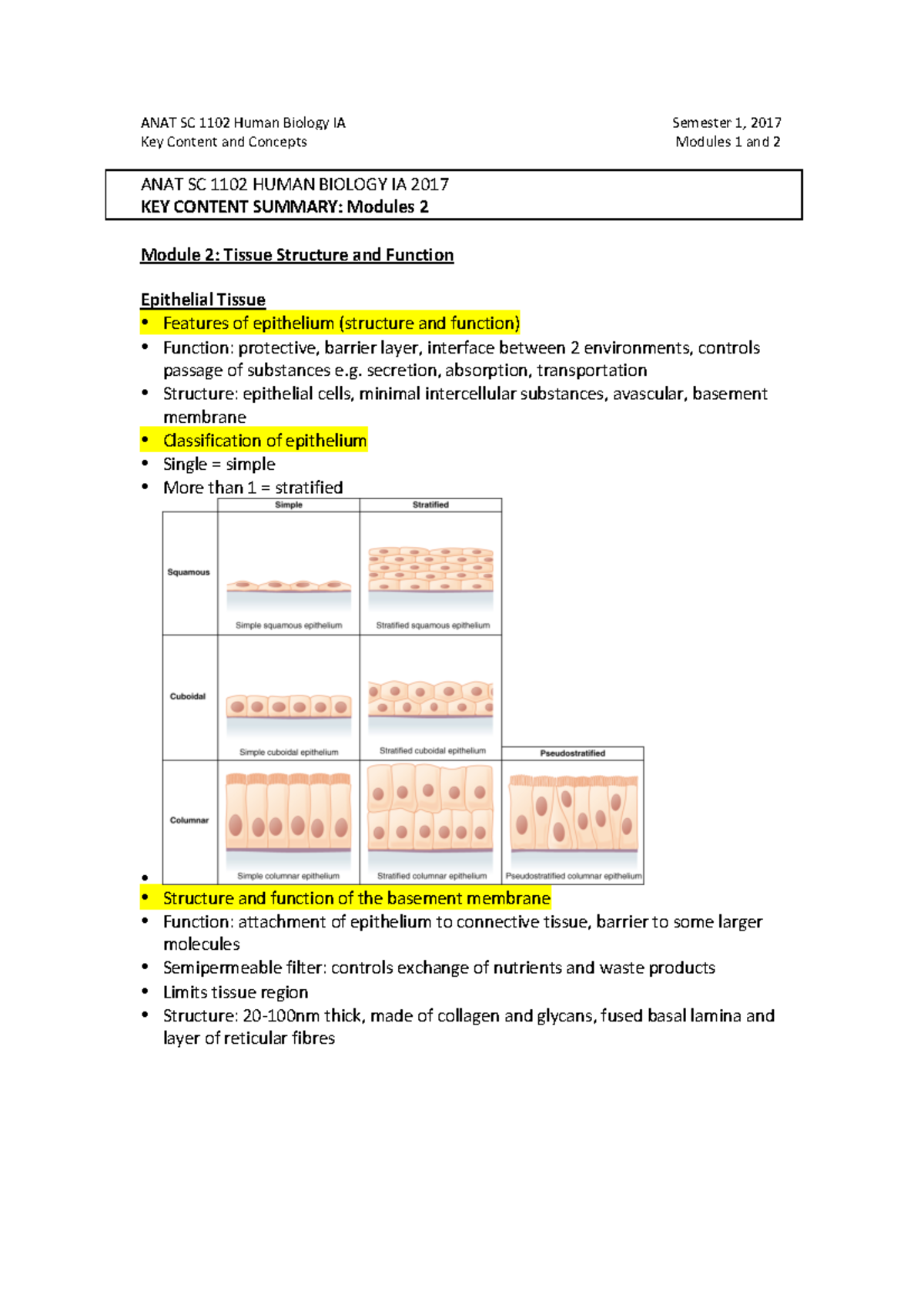 Key Content - Test Module 1 + 2 - ANAT SC 1102 Human Biology IA Key ...