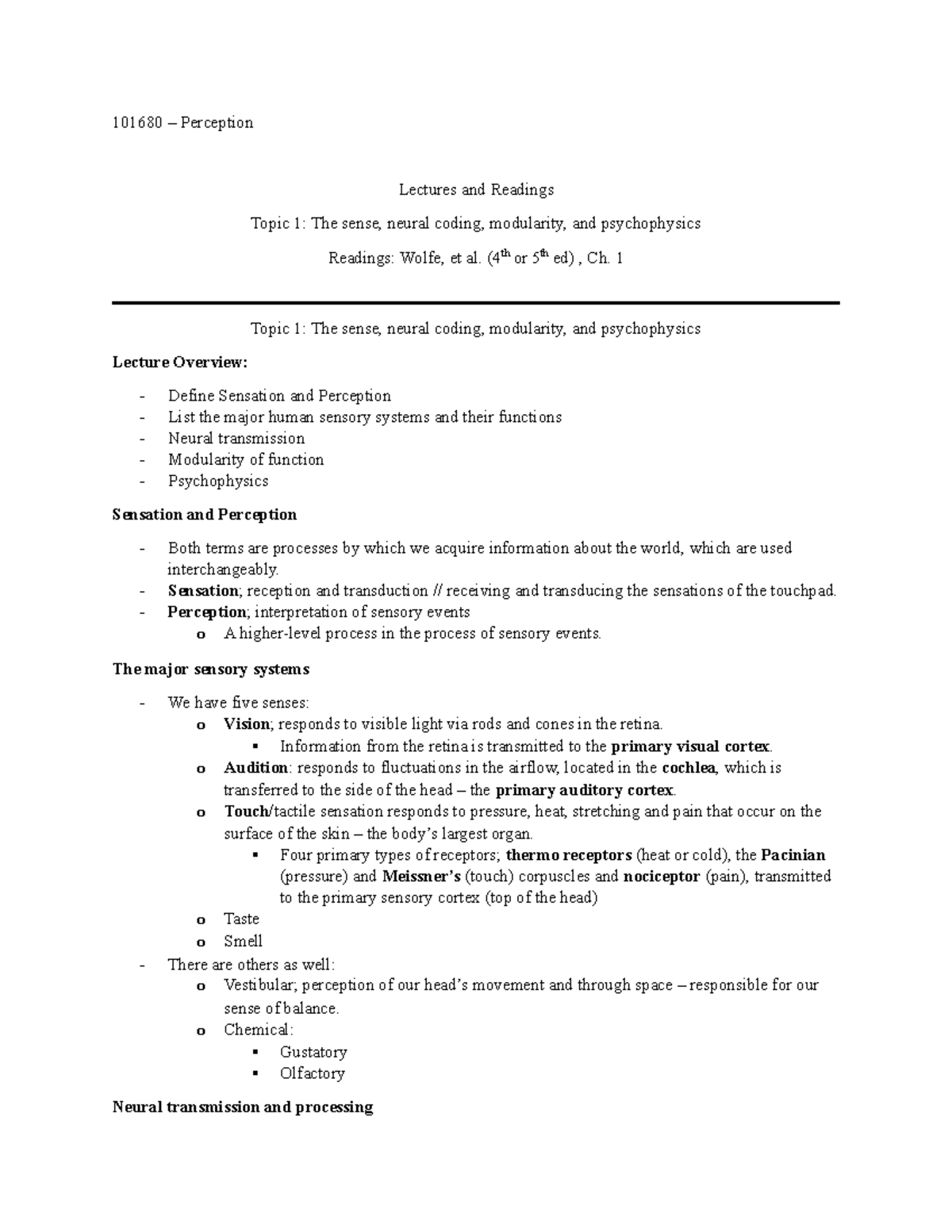 Week 1 Summary of Lectures and Readings - 101680 – Perception Lectures ...