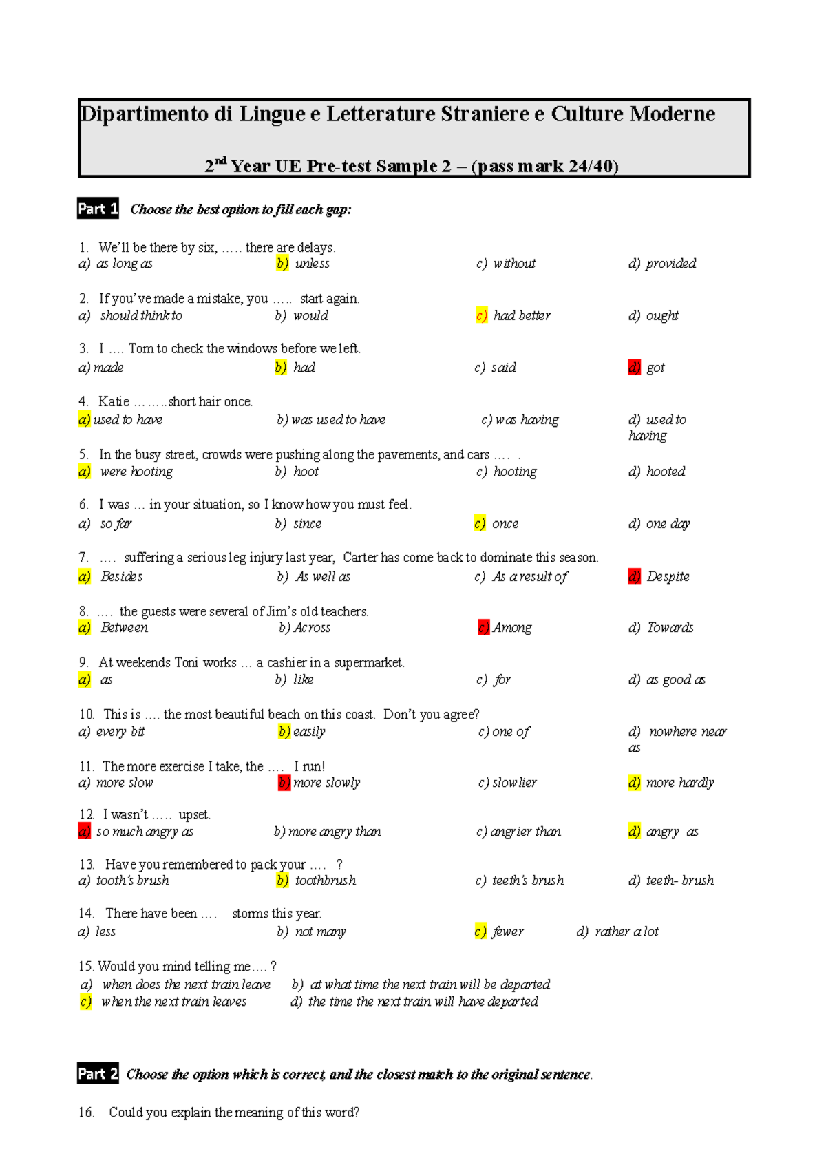 Sample Exam 2 (26-40) - Lettorato 2 - Dipartimento Di Lingue E ...