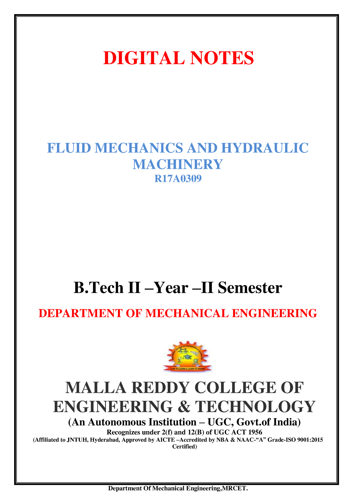 FMHM Digital Notes - Department Of Mechanical Engineering,MRCET ...