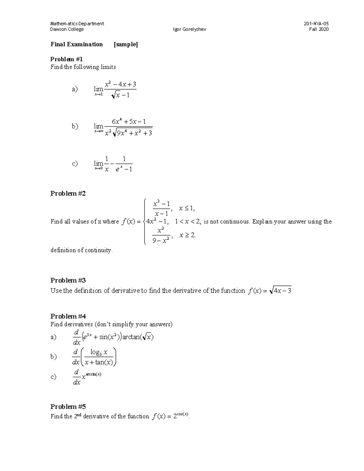 Final Exam sample - Mathematics Department 201-NYA- Dawson College Igor ...