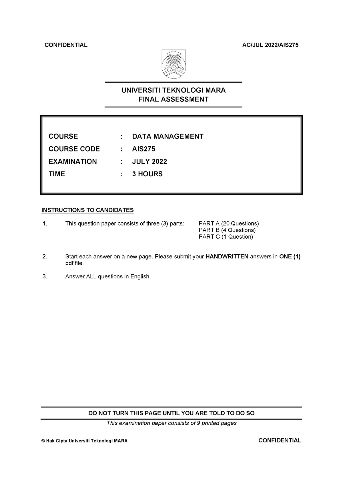 AIS275 SET1 JULY 2022 Q FA - Database System - UiTM - Studocu