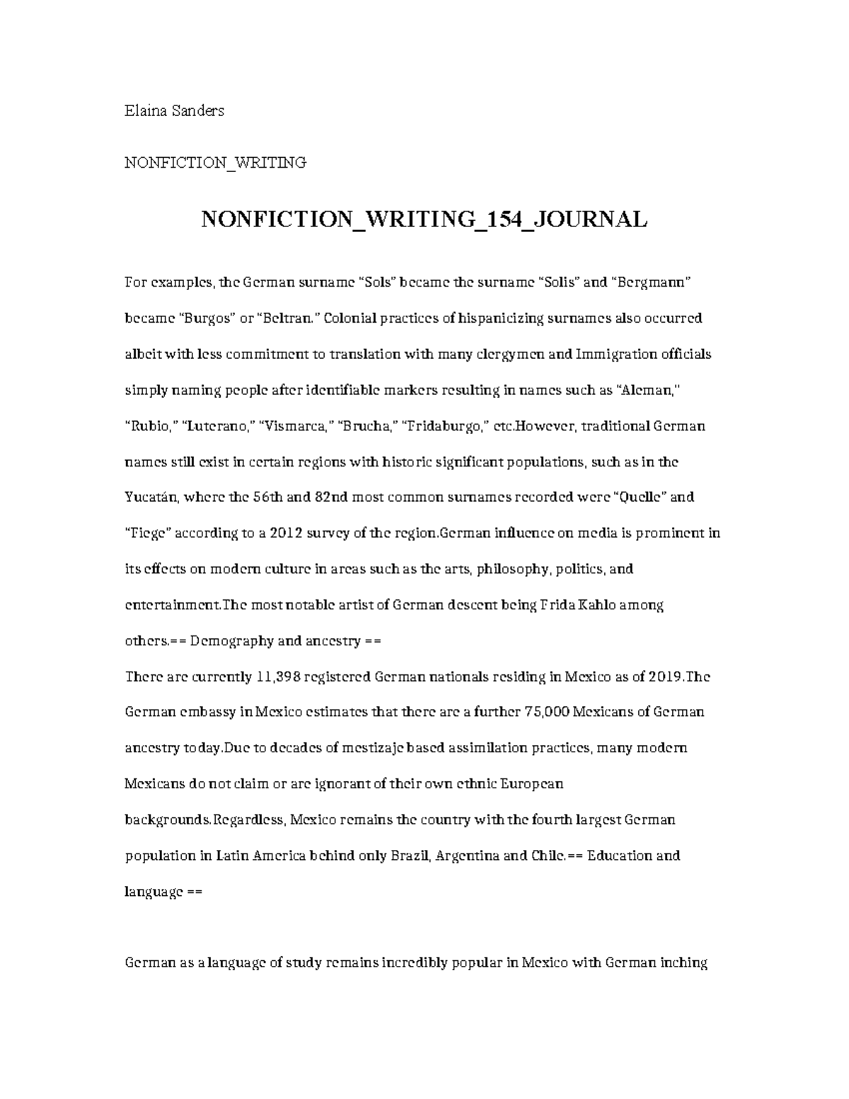 Nonfiction Writing 154 Journal - Elaina Sanders NONFICTION_WRITING ...