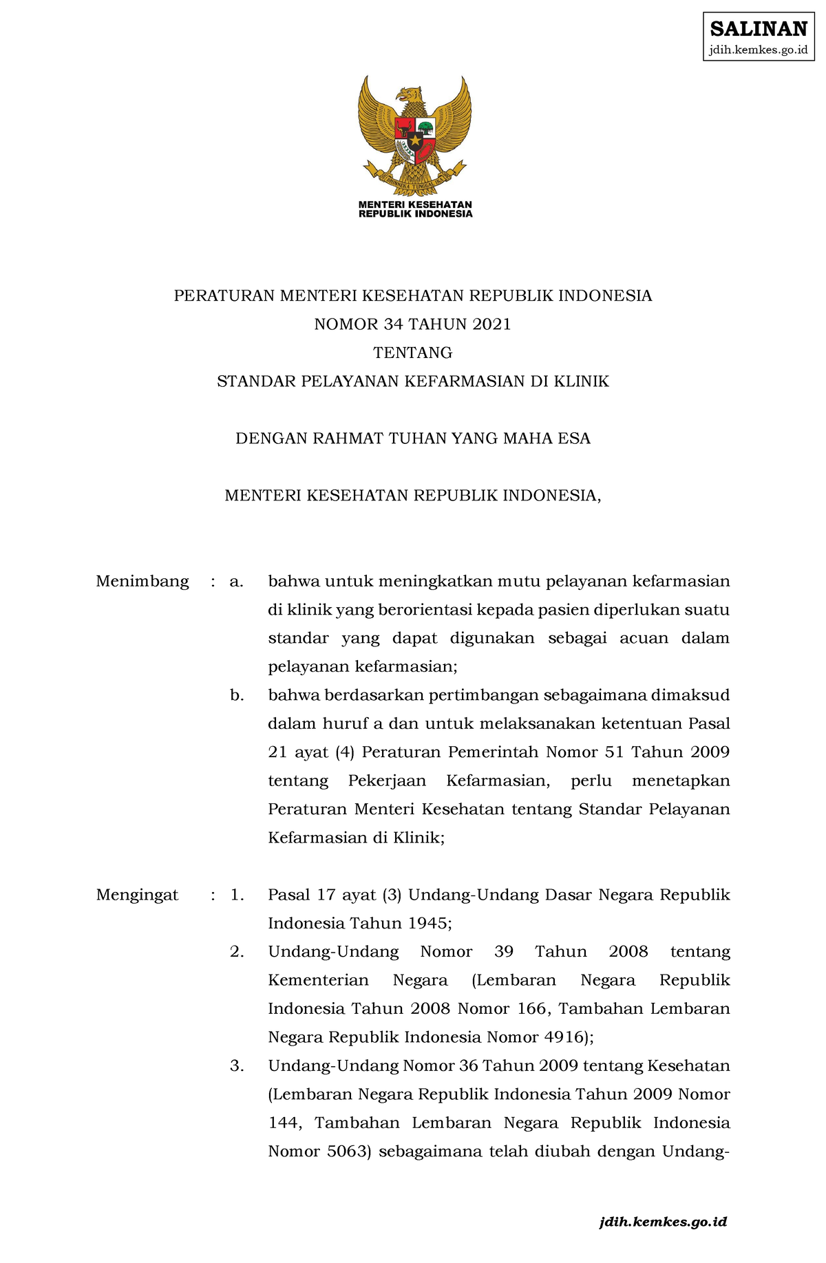 Permenkes-34-2021 - Permenkes - PERATURAN MENTERI KESEHATAN REPUBLIK ...