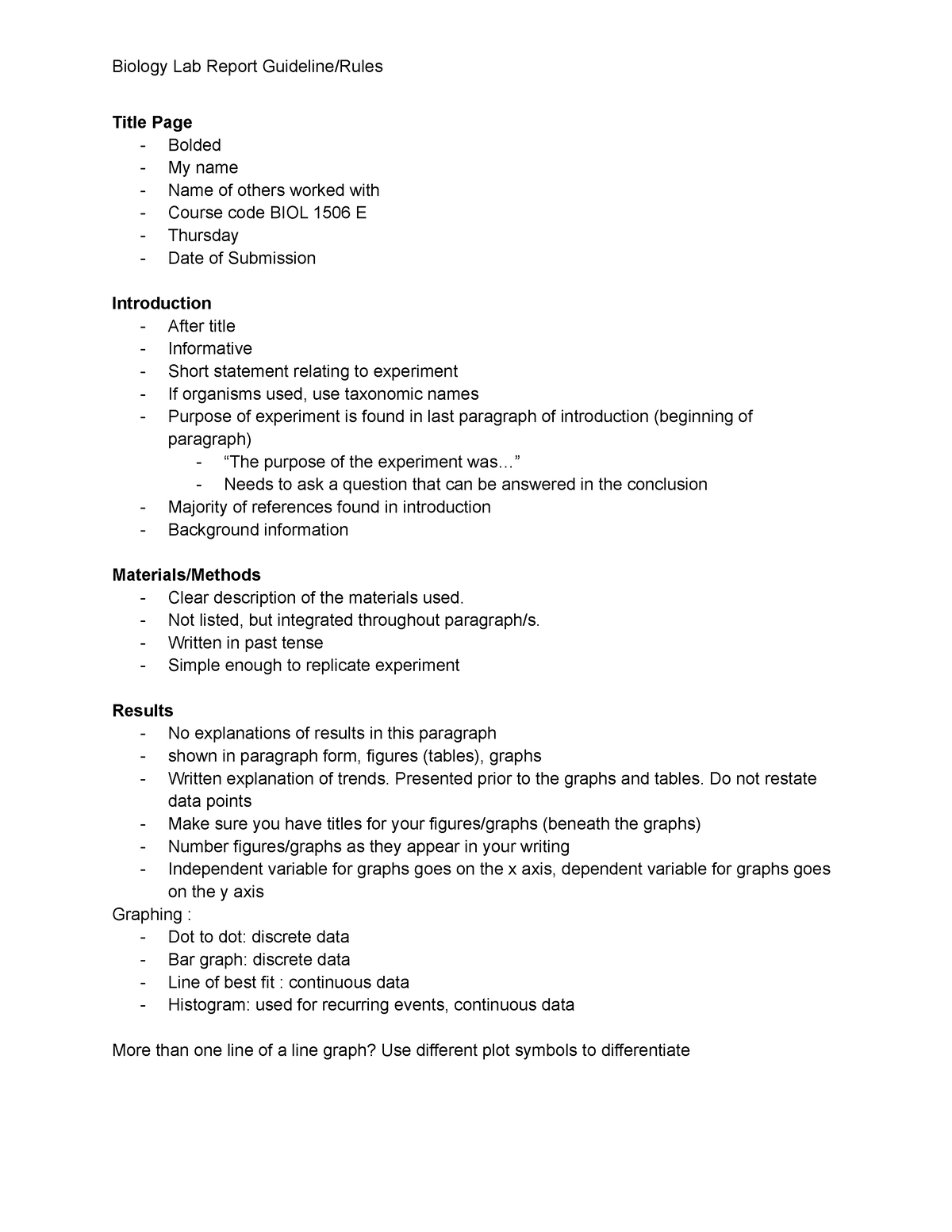 Bio Lab Report Guidelines Biology Lab Report Guidelinerules Title Page Bolded My Name 