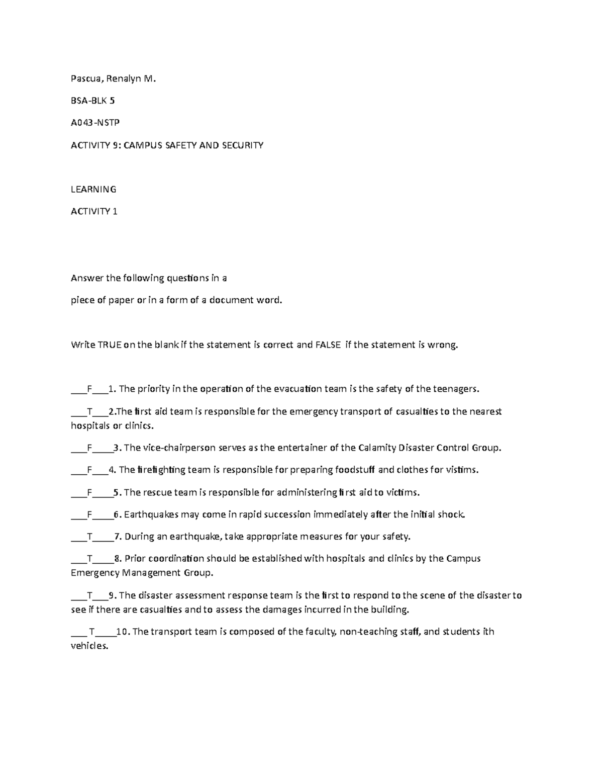 Campus Safety AND Security Pascua, Renalyn M. BSABLK 5 A043NSTP