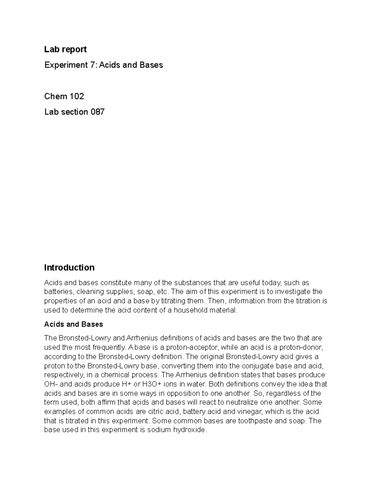 Experiment 7 Acids and Bases Lab report Experiment 7 Acids and