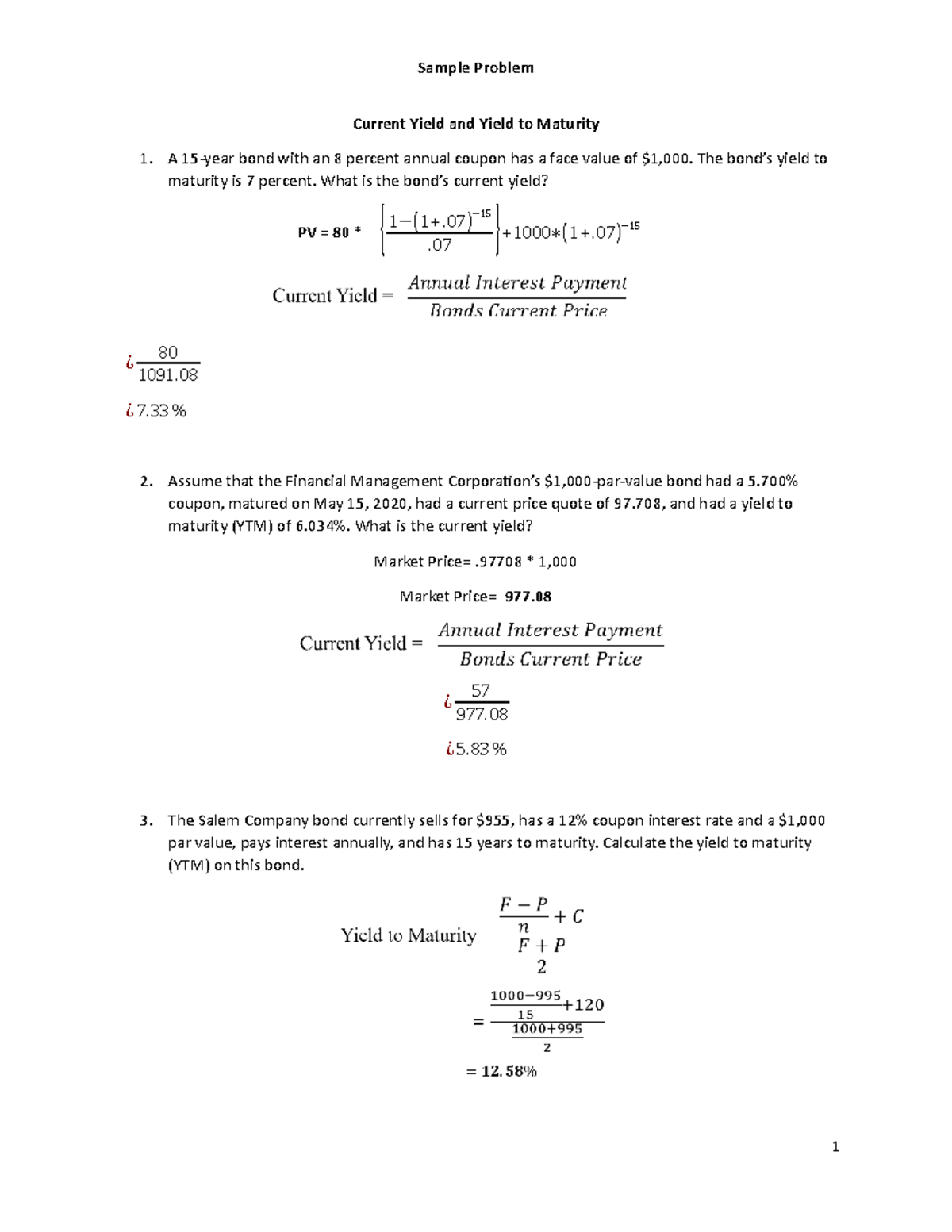 Current Yield and Yield to Maturity problems - Current Yield and Yield ...