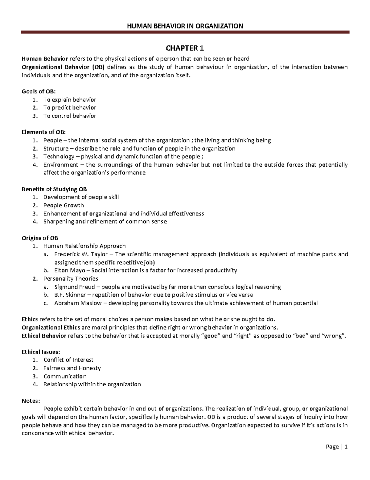HBO Lesson 1-2 - This is outlines the Chapter 1 and 2 Human Behavior in ...