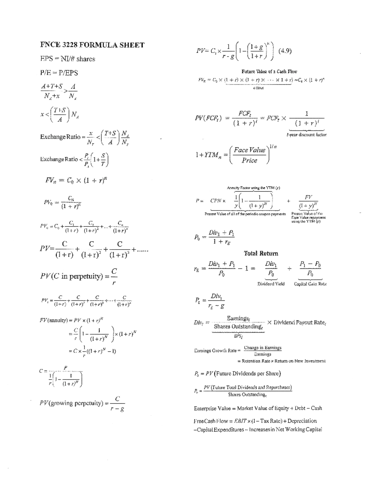 Formula Sheet 3228 W 2019 exam copy - Fnce 3228 - Studocu