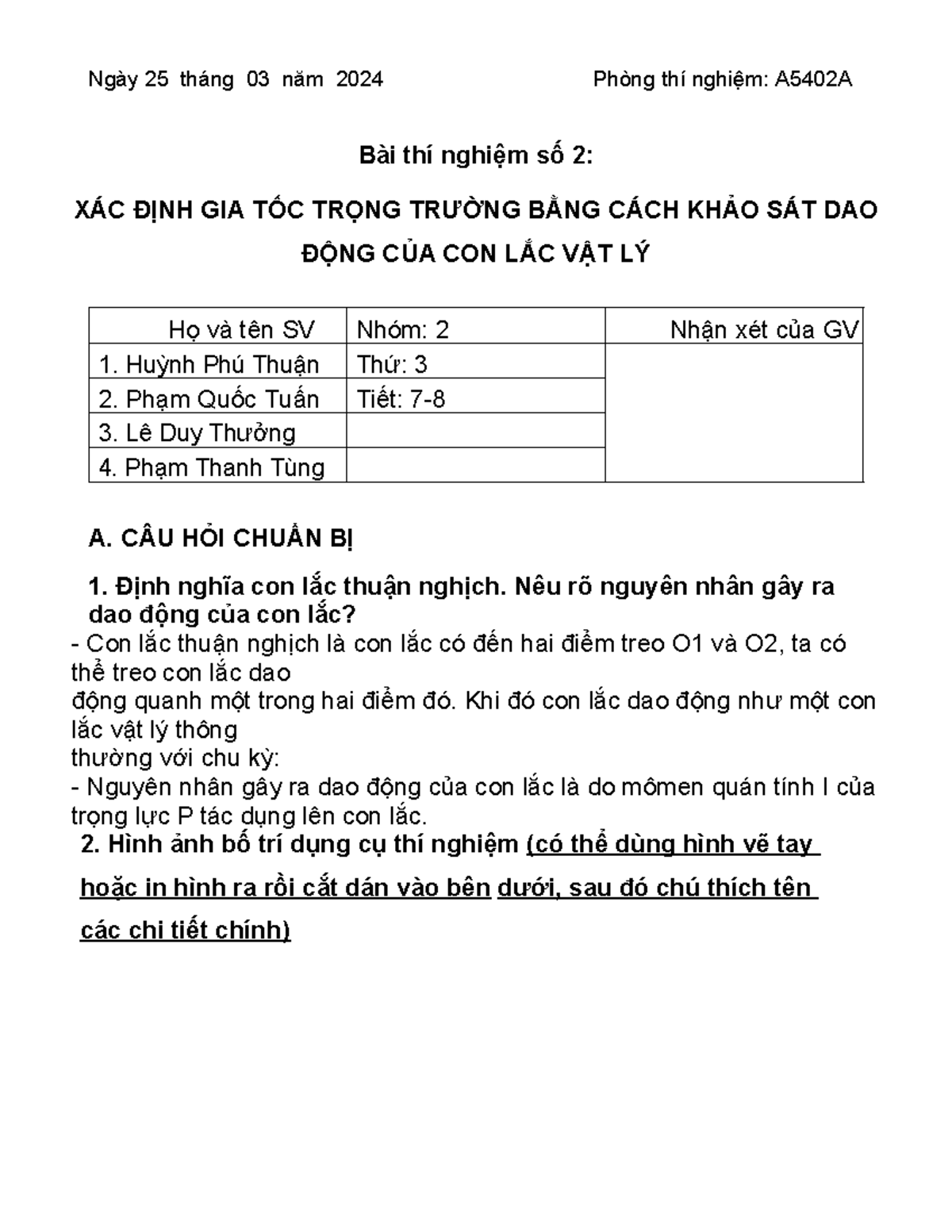 Xac dinh gia toc trong truong - Ngày 25 tháng 03 năm 2024 Phòng thí ...