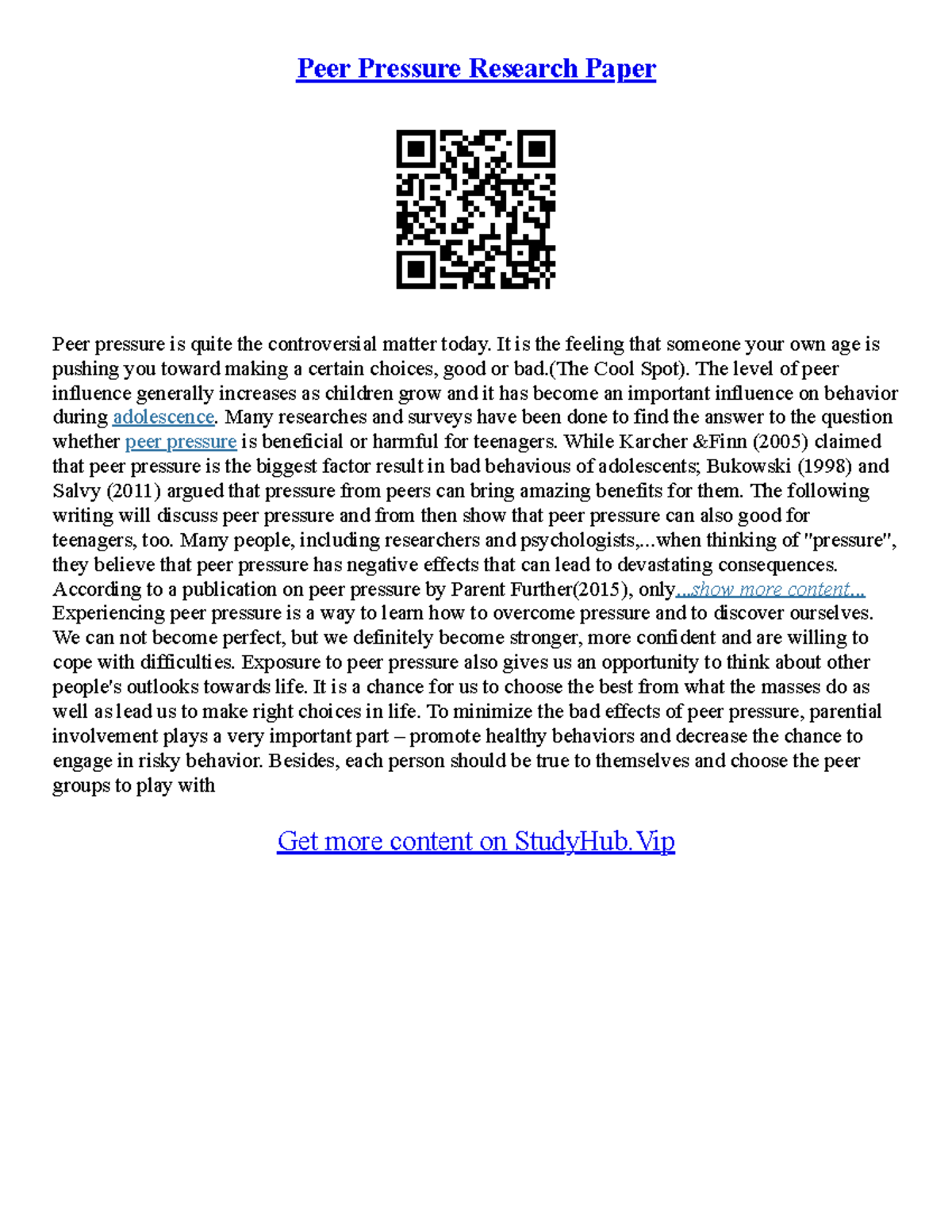 Peer Pressure Essays - Peer Pressure Research Paper Peer pressure is ...