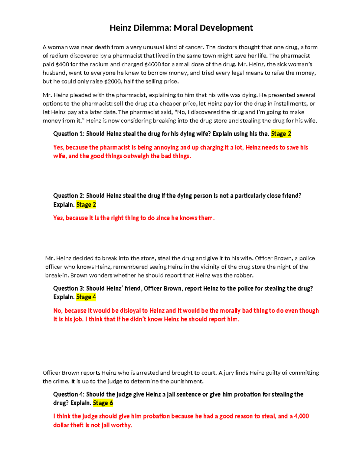 Heinz Dilemma - Filled out assignment 2022 - Heinz Dilemma: Moral ...