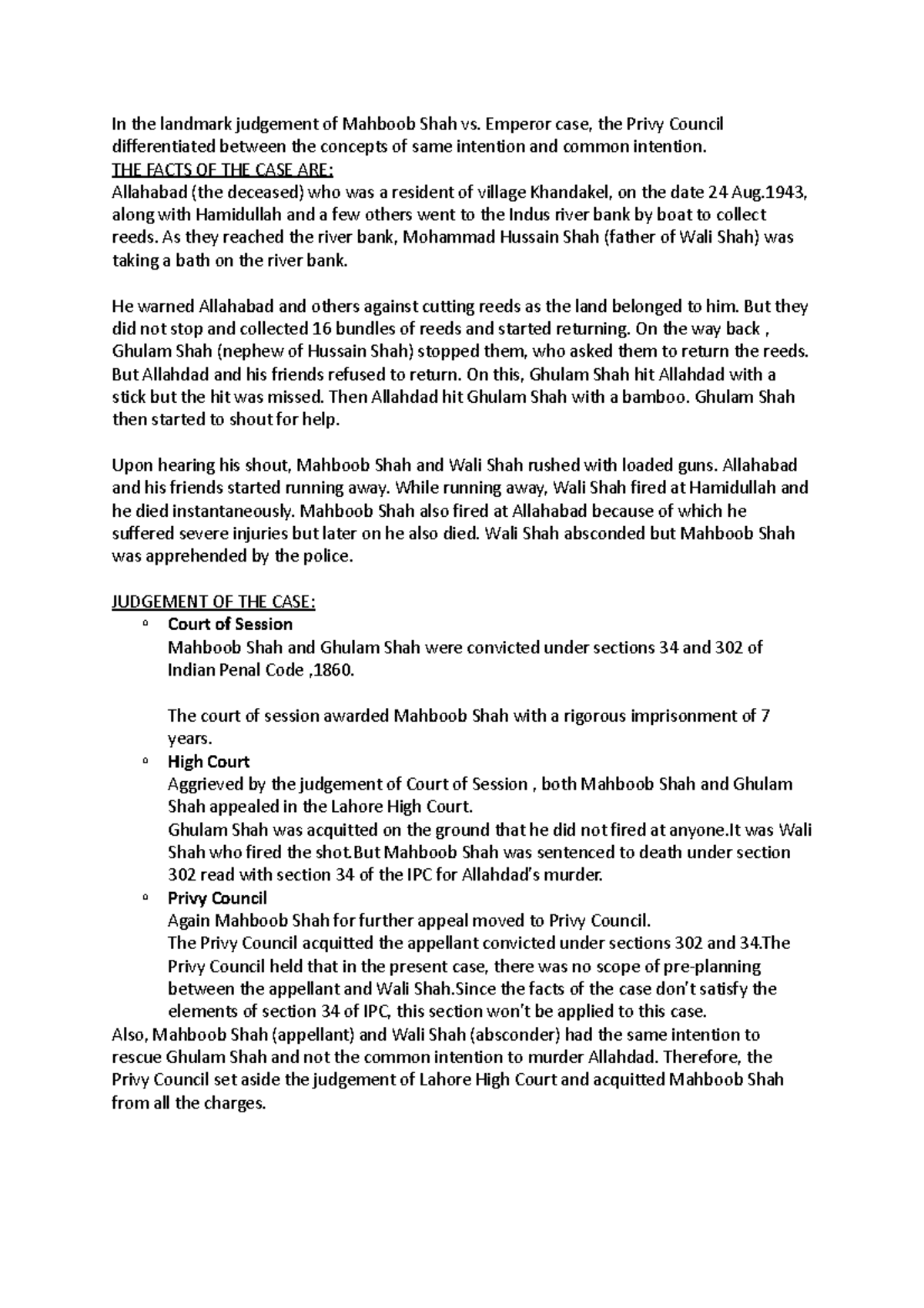 Mahboob shah vs emperor - In the landmark judgement of Mahboob Shah vs ...