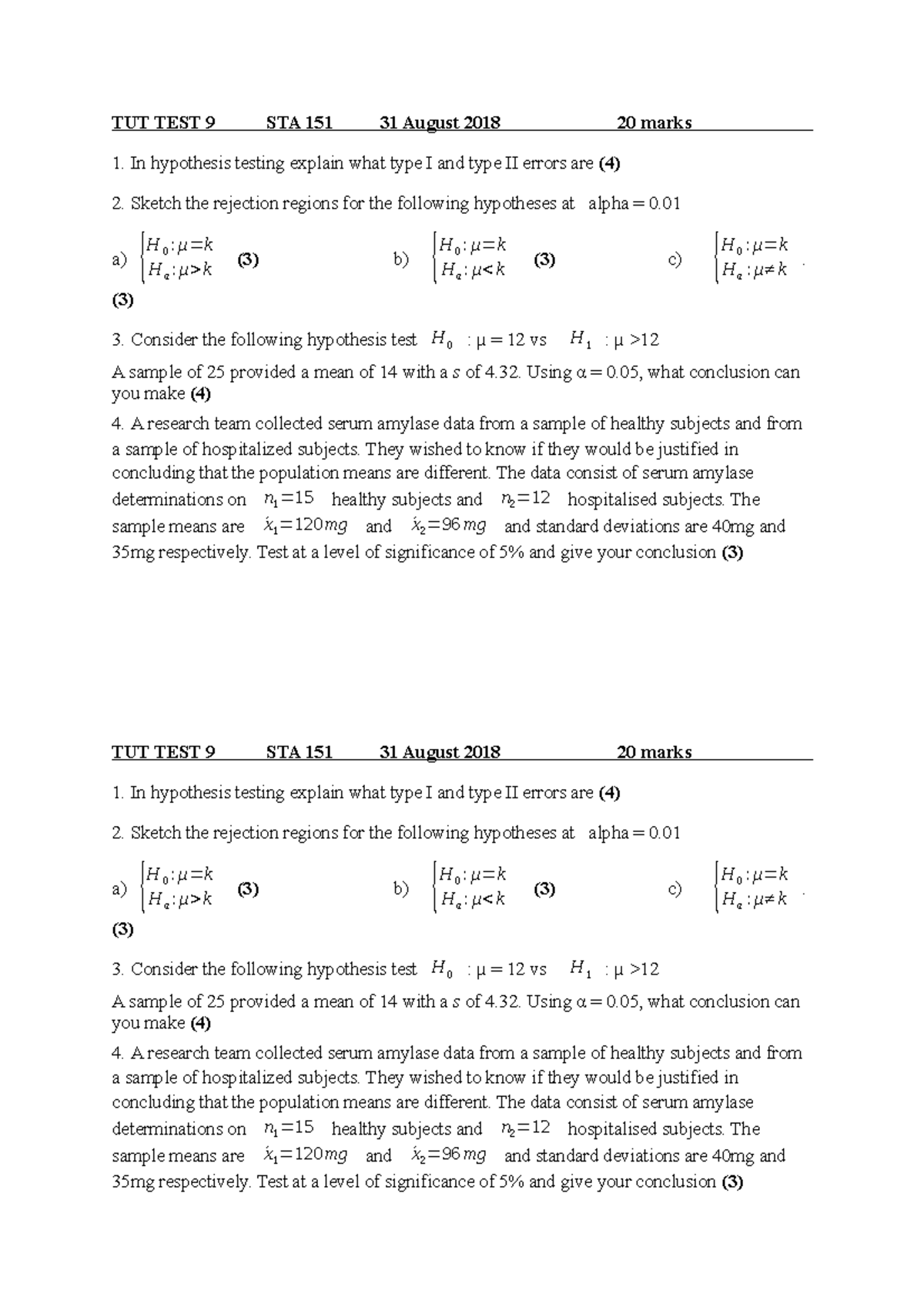 TEST 9 31 August 2018, questions - TUT TEST 9 STA 151 31 August 2018 20 ...
