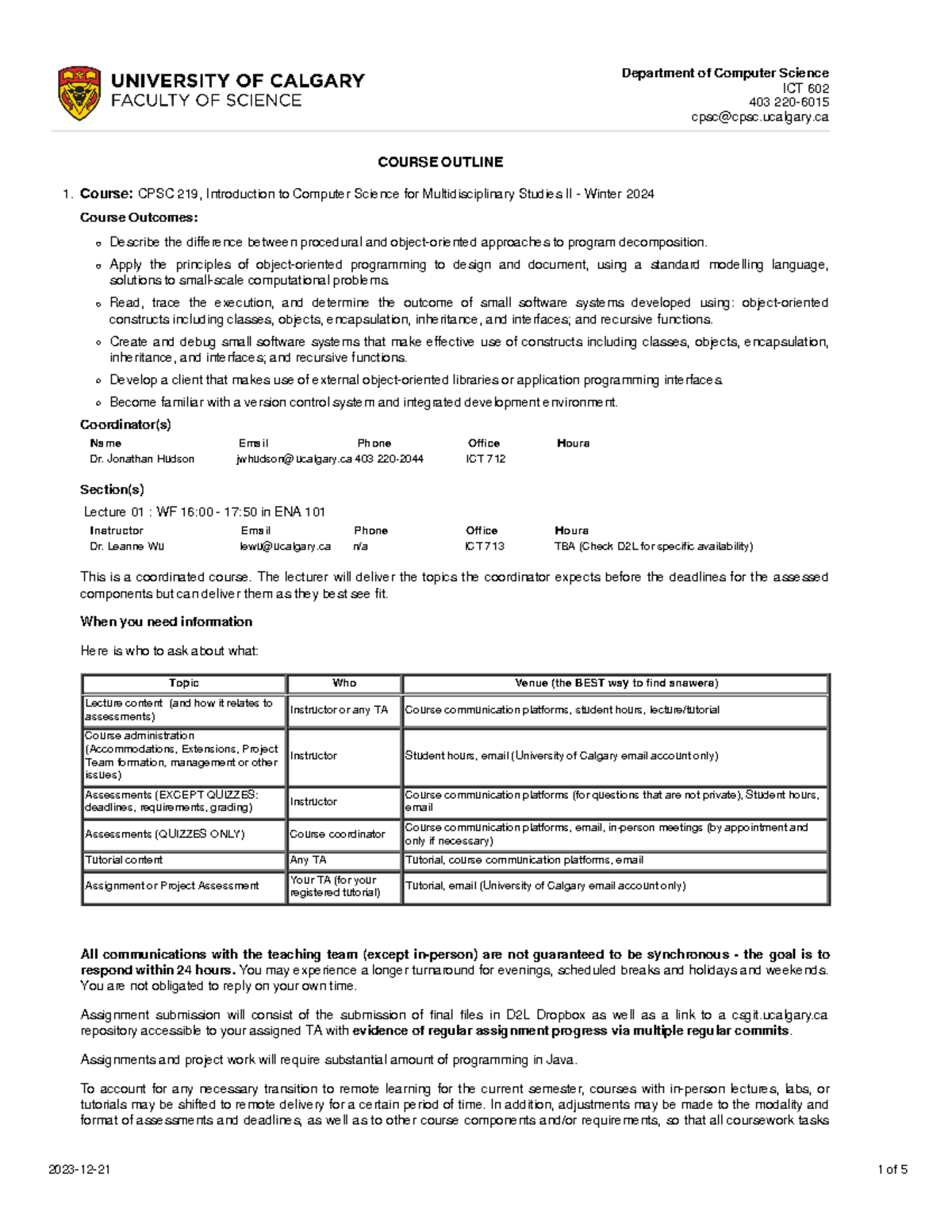 CPSC219 W2024 LEC1 outline - Department of Computer Science ICT 602 403 ...