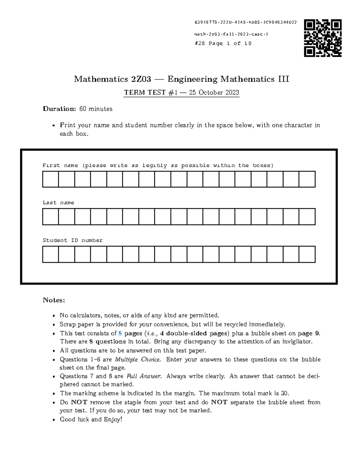 Math2Z03 Earn Test1 Fall2023 Empty Test - Mathematics 2Z03 ...