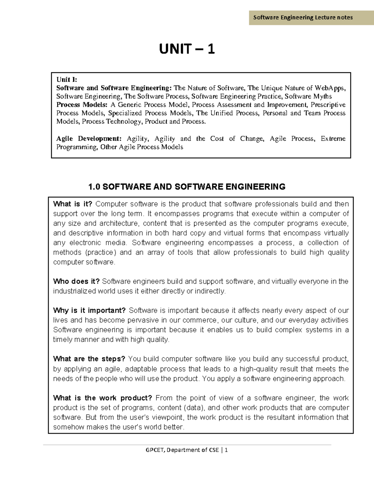 Software Engineering Notes-1 - UNIT – 1 1 SOFTWARE AND SOFTWARE ...