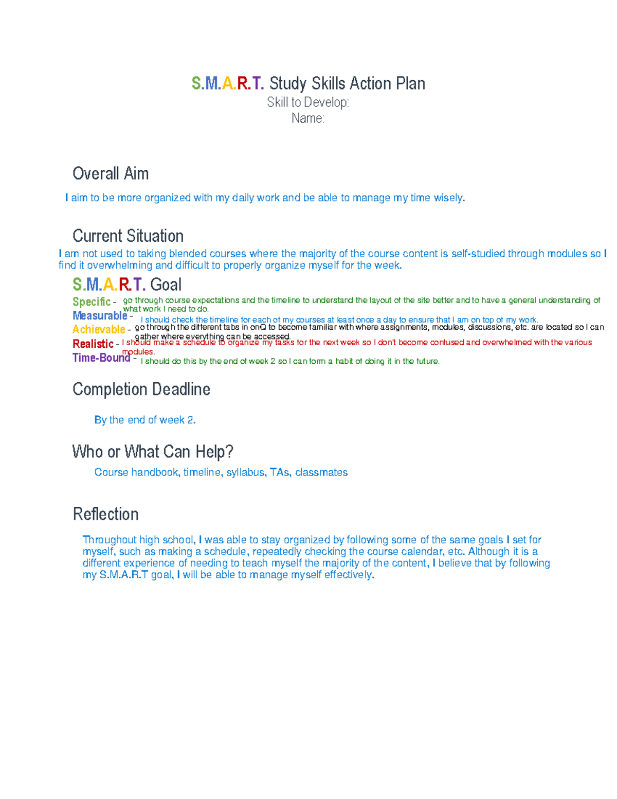 Smart Goal Sheet - IDIS173 - S.M.A.R. Study Skills Action Plan Skill to ...
