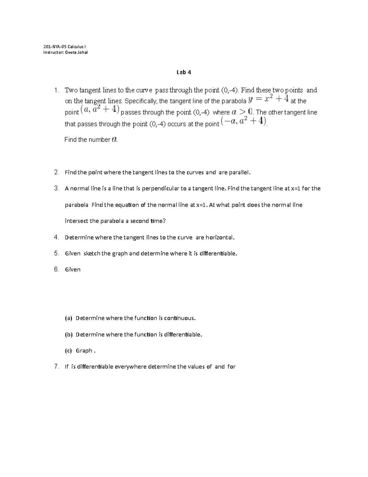 Cal1Lab 4 - lab for cal practice - 201-NYA-05 Calculus IInstructor ...