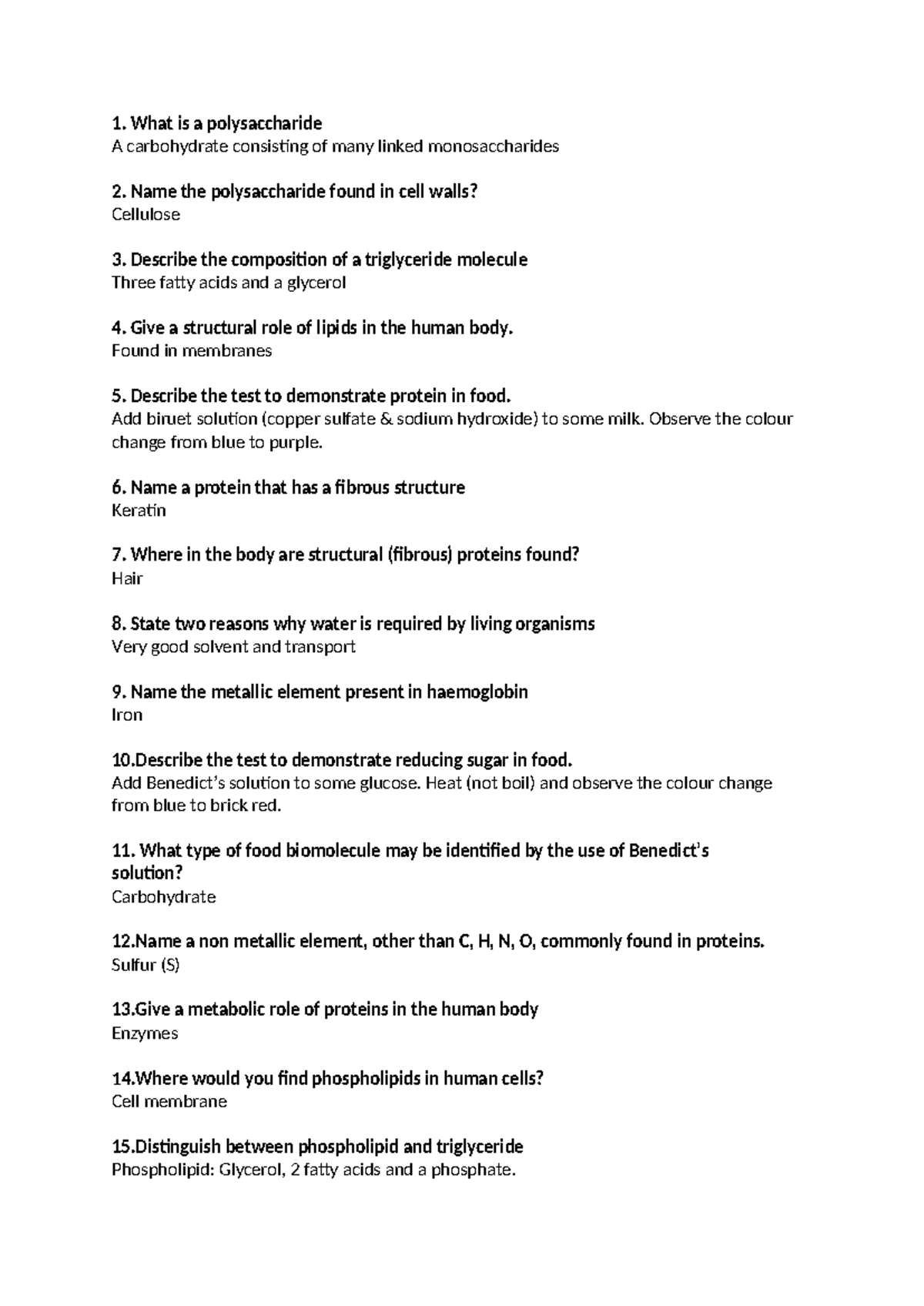 Food sample questins and answers - What is a polysaccharide A ...