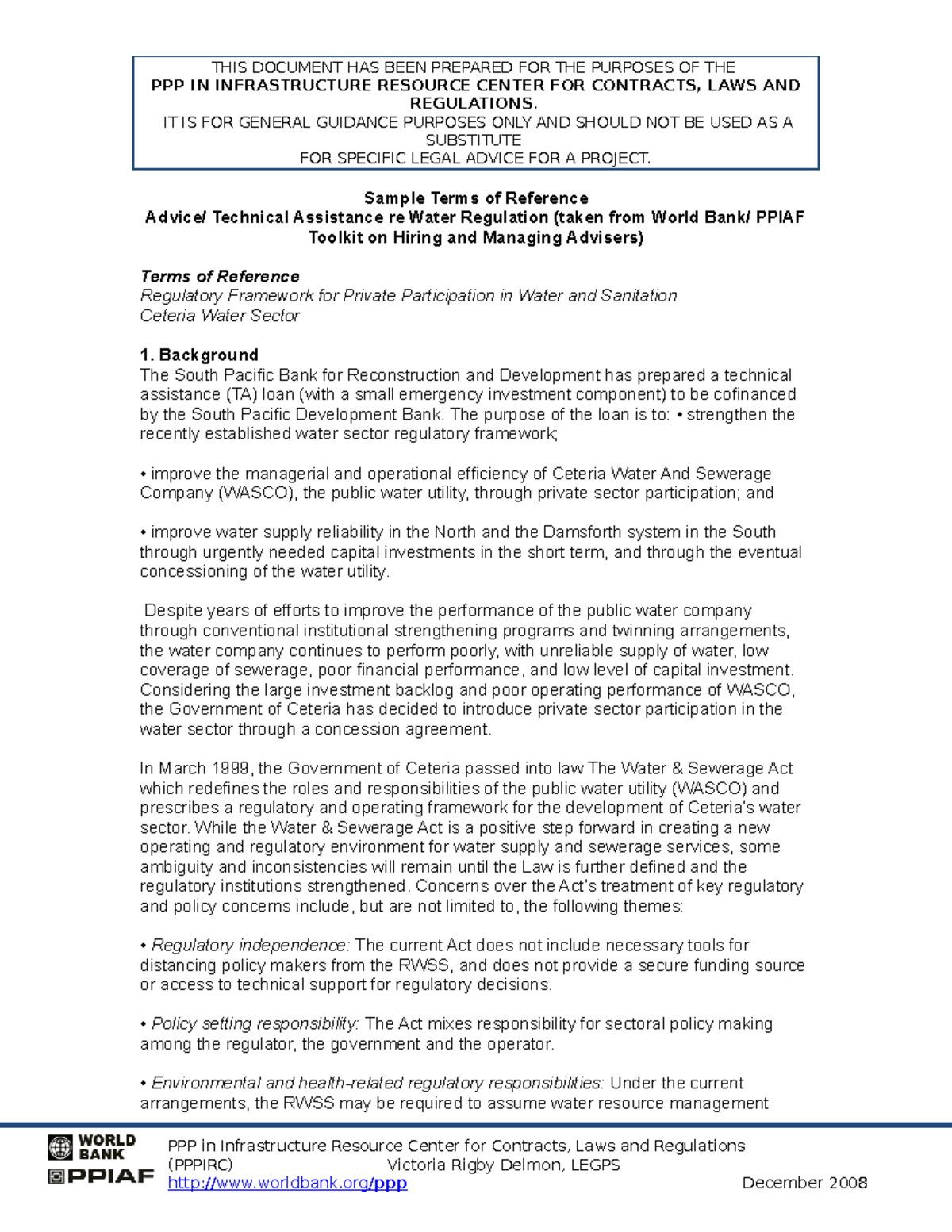 TOR Water Regulation - none - PPP IN INFRASTRUCTURE RESOURCE CENTER FOR ...