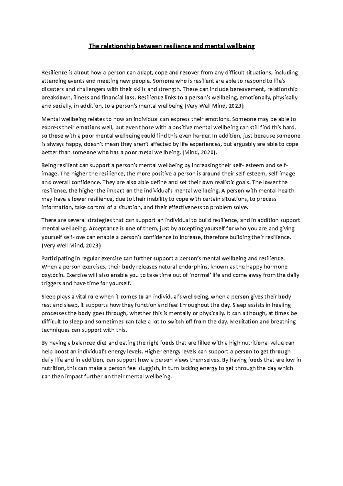 4.1 - Explain the relationship between resilience and mental wellbeing ...