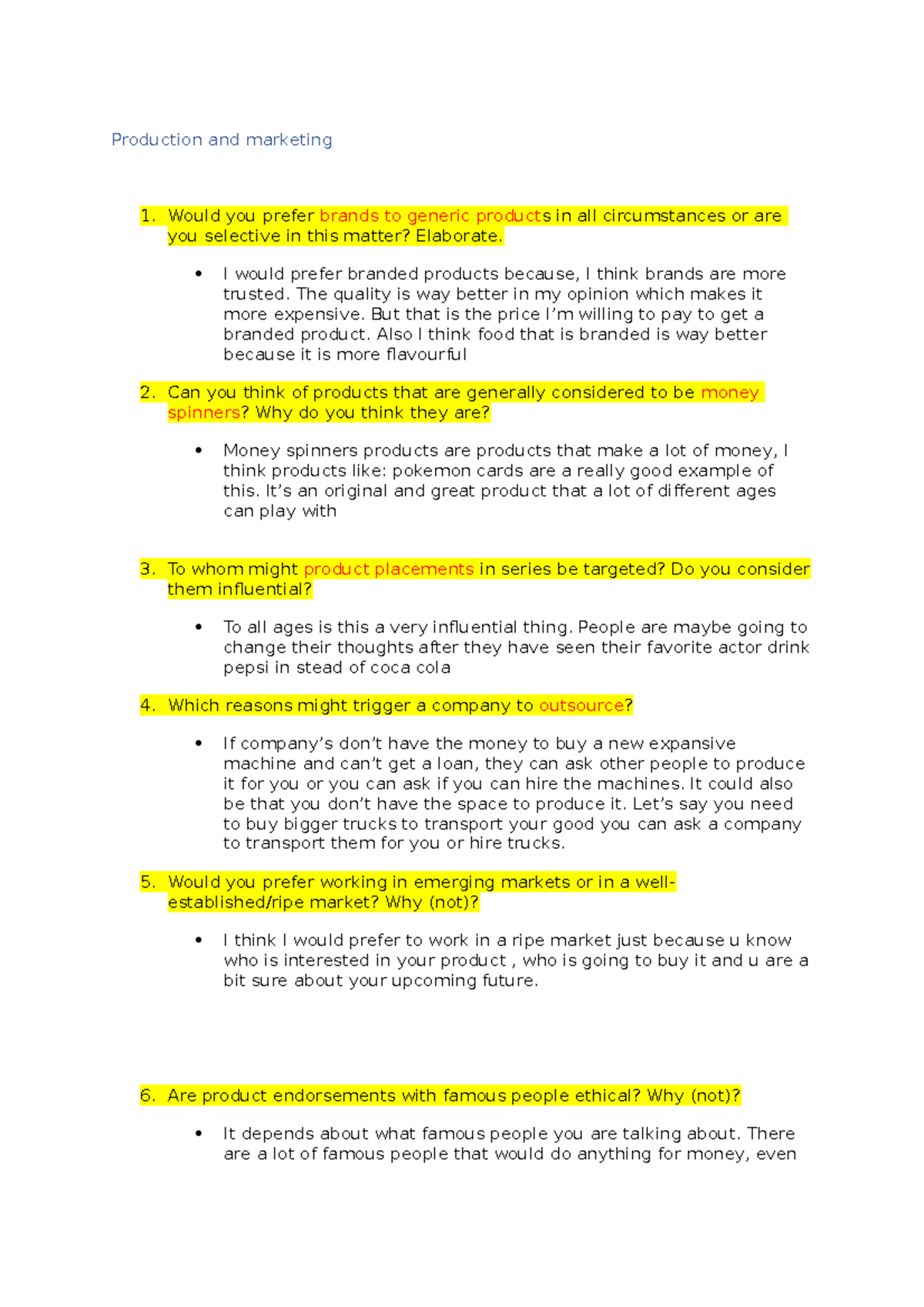 Engels test 96 vragen English 96 questions Production and marketing