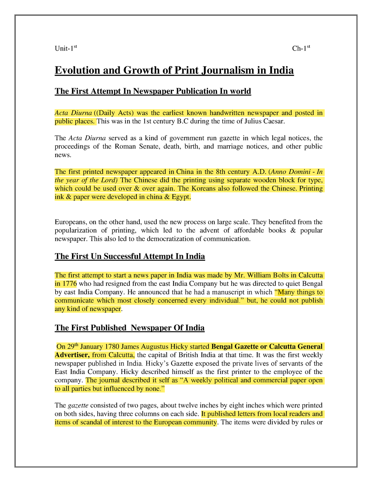 evolution-and-growth-of-print-journalism-in-india-unit-1st-ch-1st