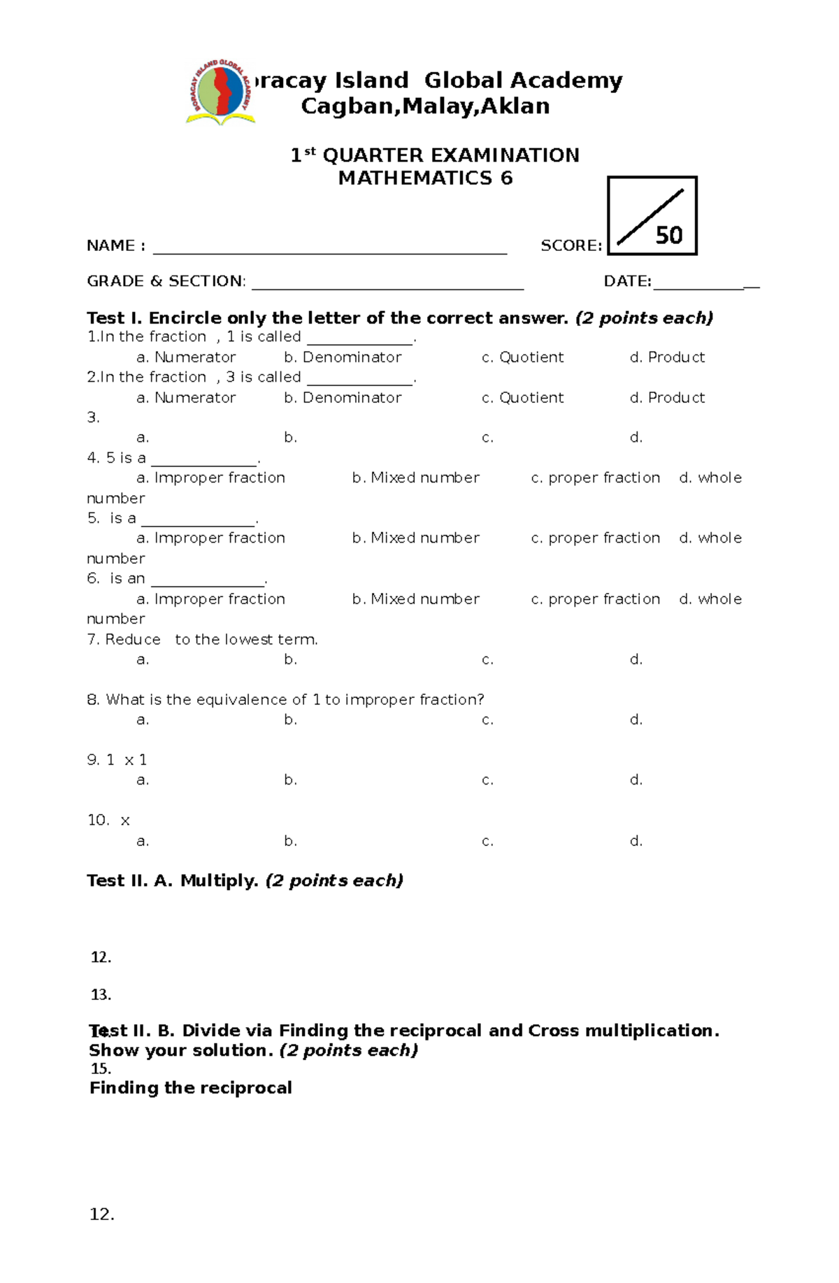 1st quarter exam Math 6 - examination - Boracay Island Global Academy ...