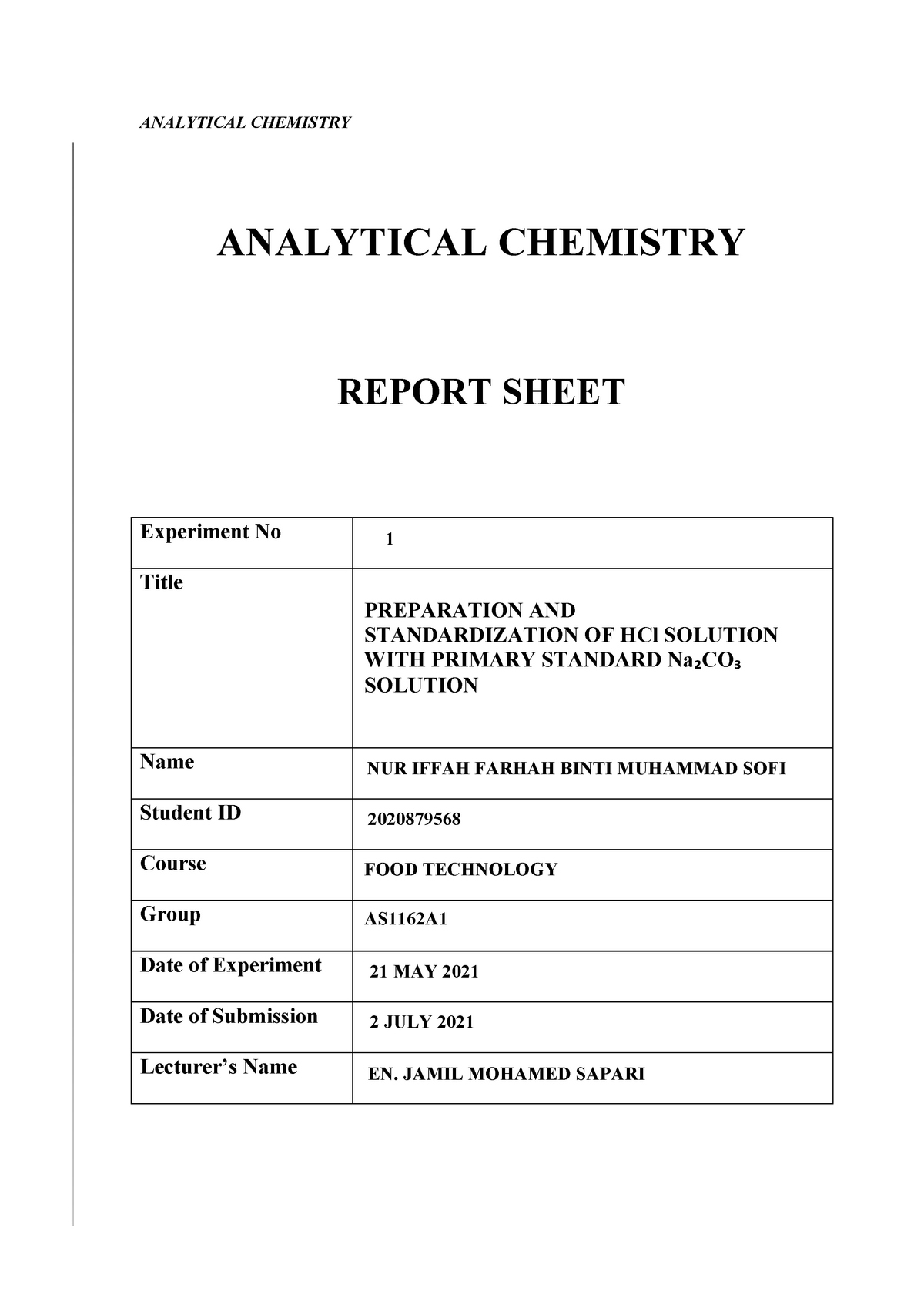 CHM LAB 1 - Lecture Notes 1 - ANALYTICAL CHEMISTRY ANALYTICAL CHEMISTRY ...