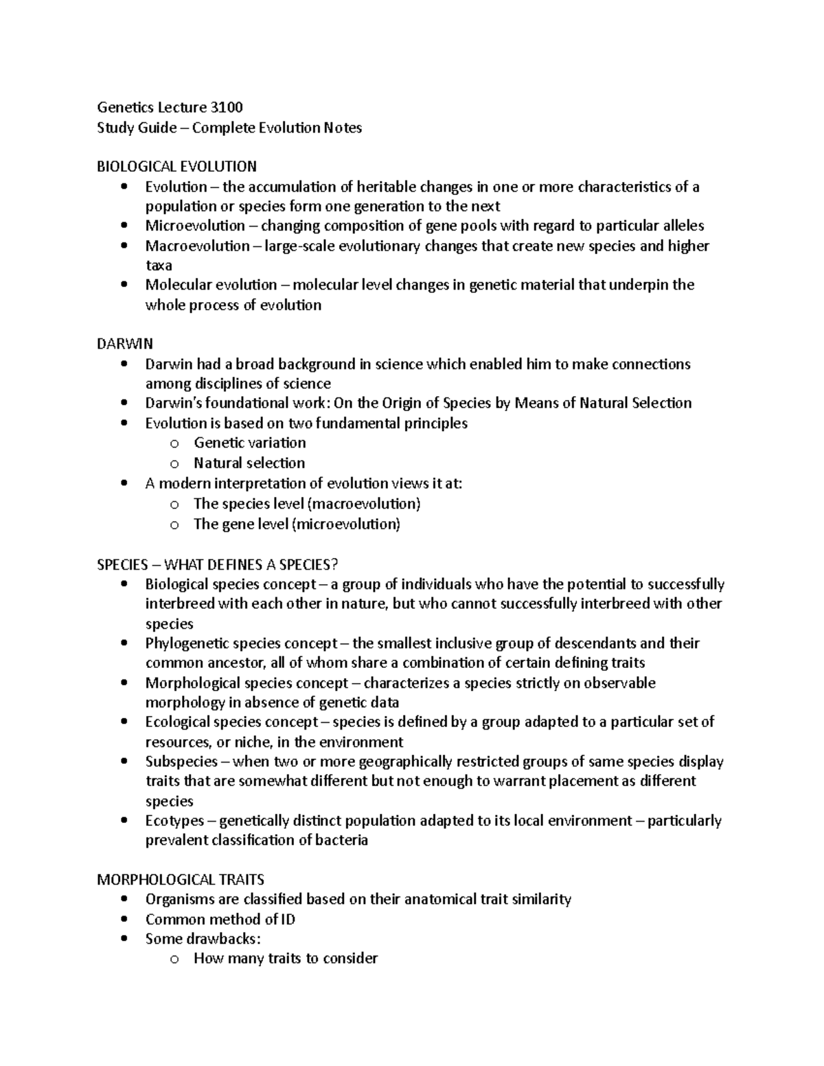 Study Guide Evolution - Dr. Cole Easson - Genetics Lecture 3100 Study ...