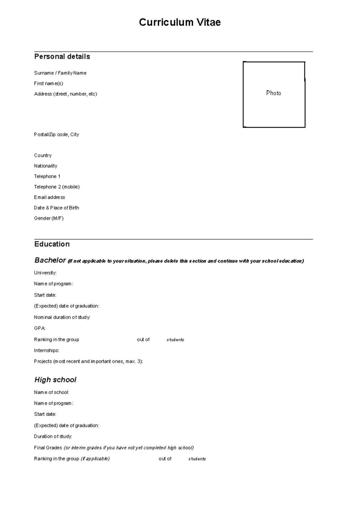 Example CV Bachelor applications - Curriculum Vitae - Studeersnel