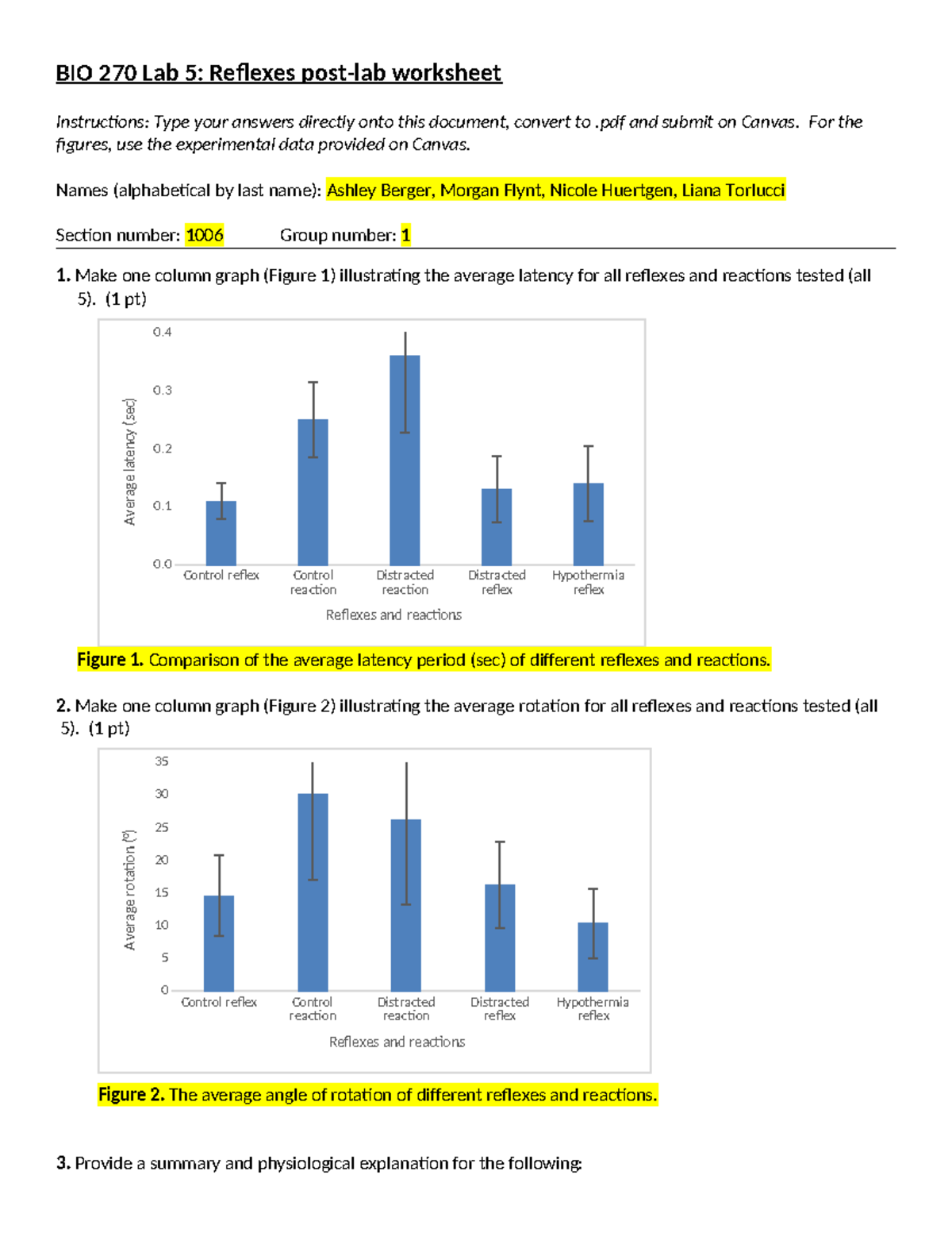 Lab 5 Reflexes postlab worksheet BIO 270 Lab 5 Reflexes postlab