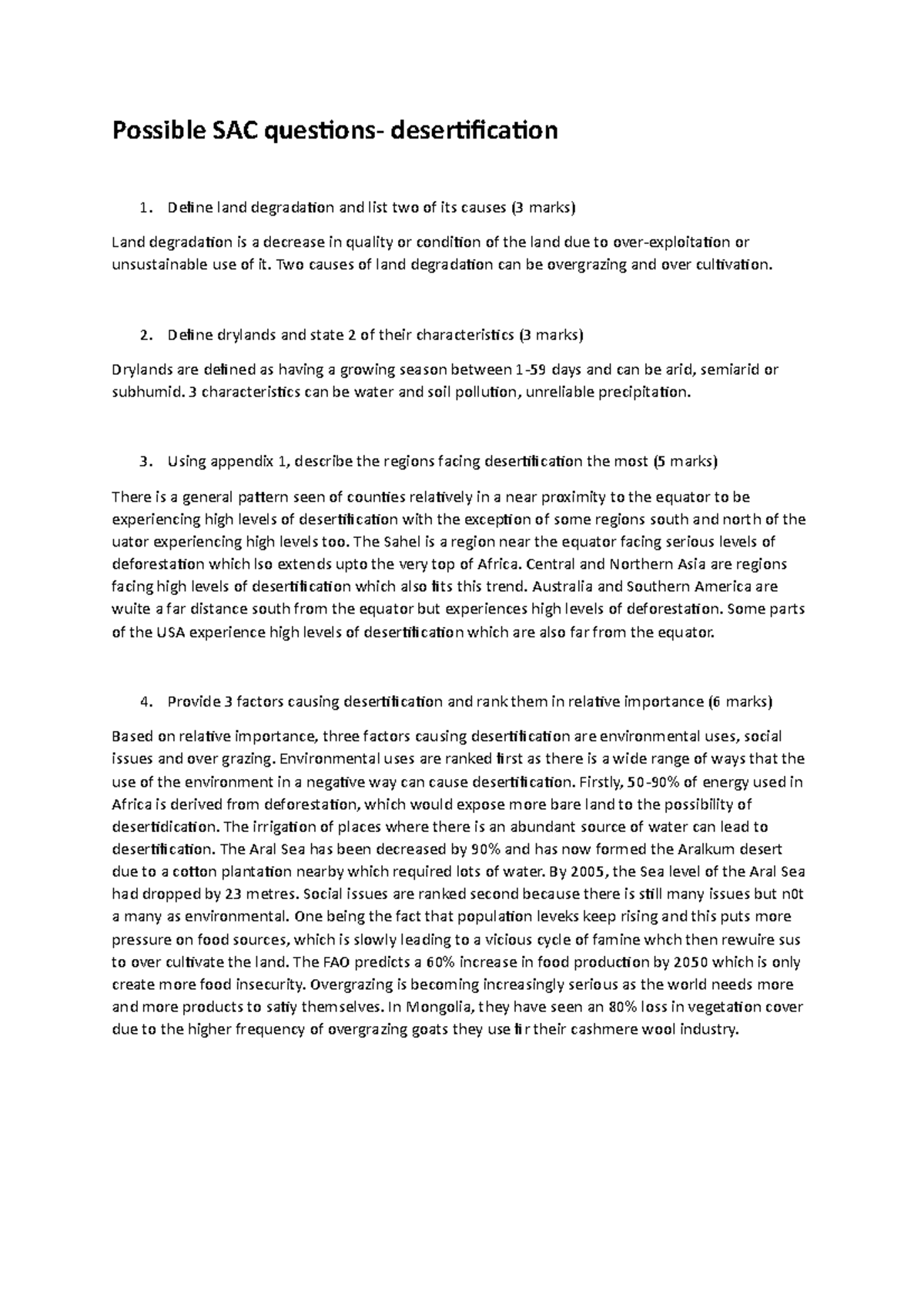 Possible SAC questions- desertification - Two causes of land ...