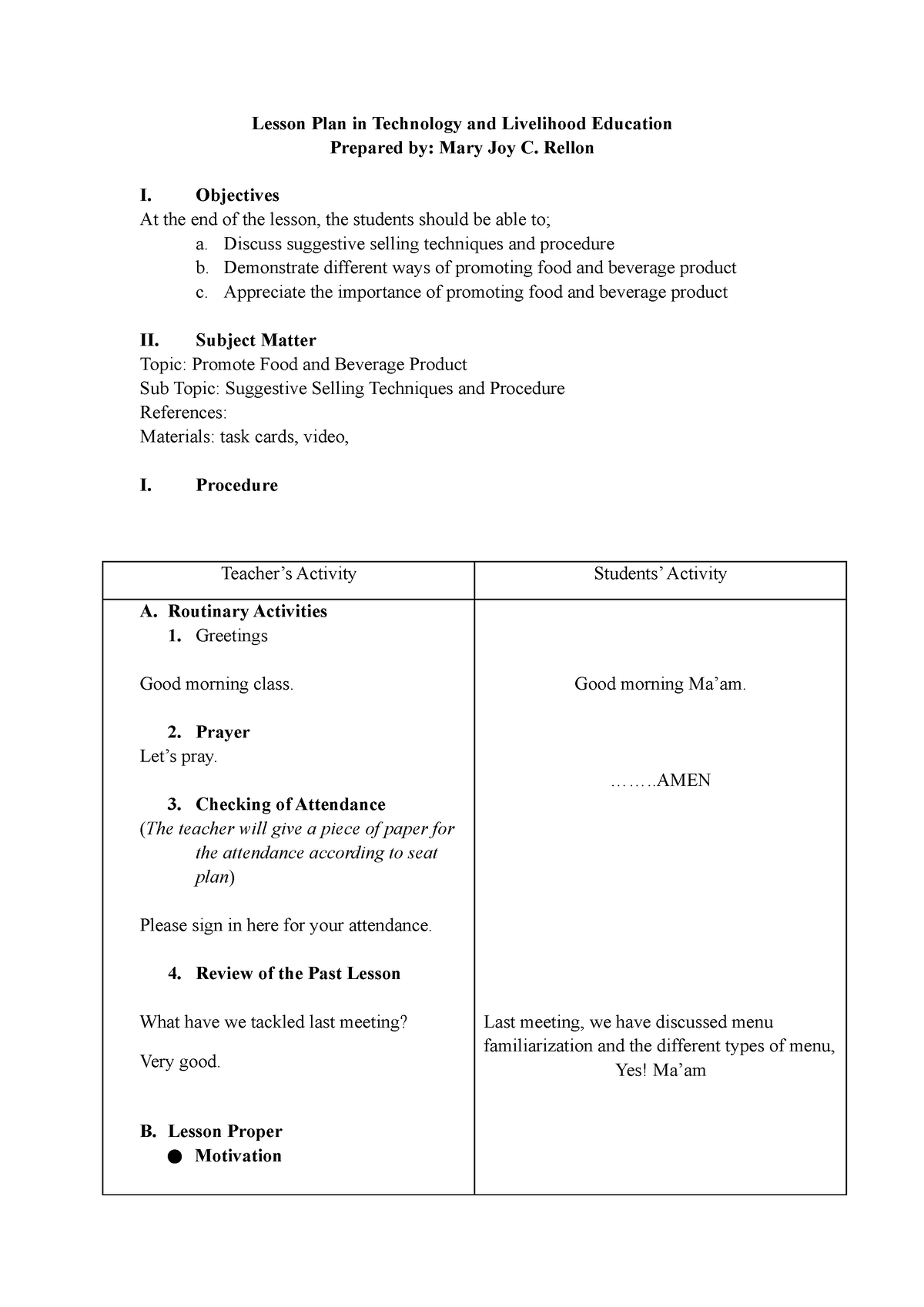 Lesson Plan In Technology And Livelihood Education - Rellon I ...