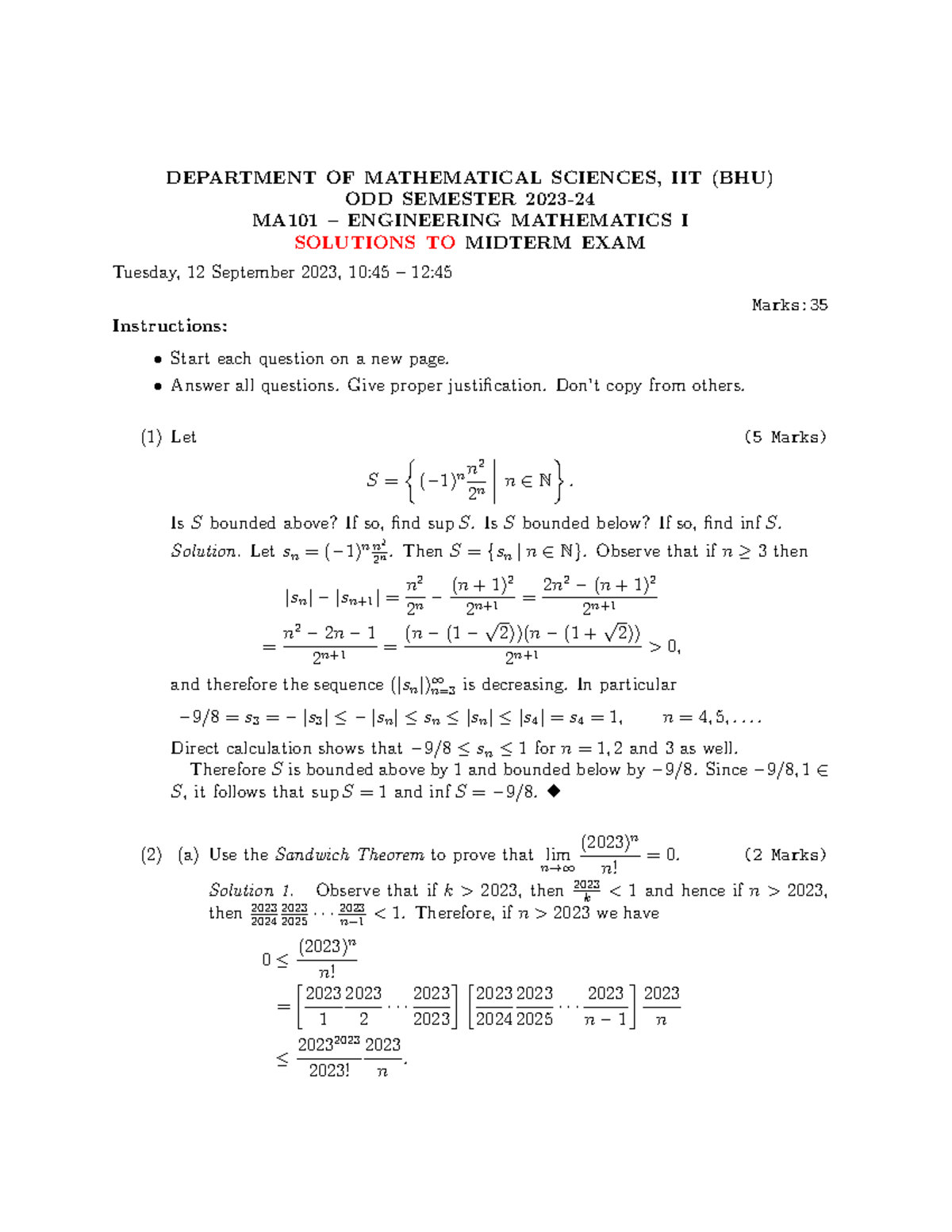 solution to mid sem - DEPARTMENT OF MATHEMATICAL SCIENCES, IIT (BHU ...