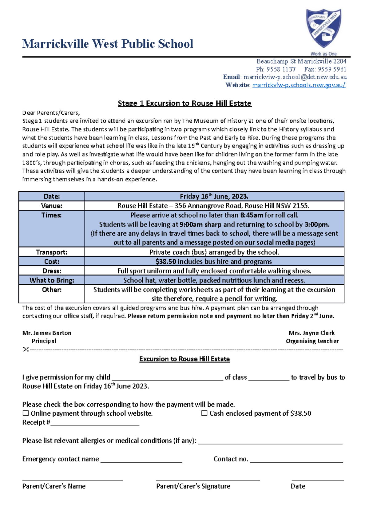 HSIE assessment 1 permission note Marrickville West Public School